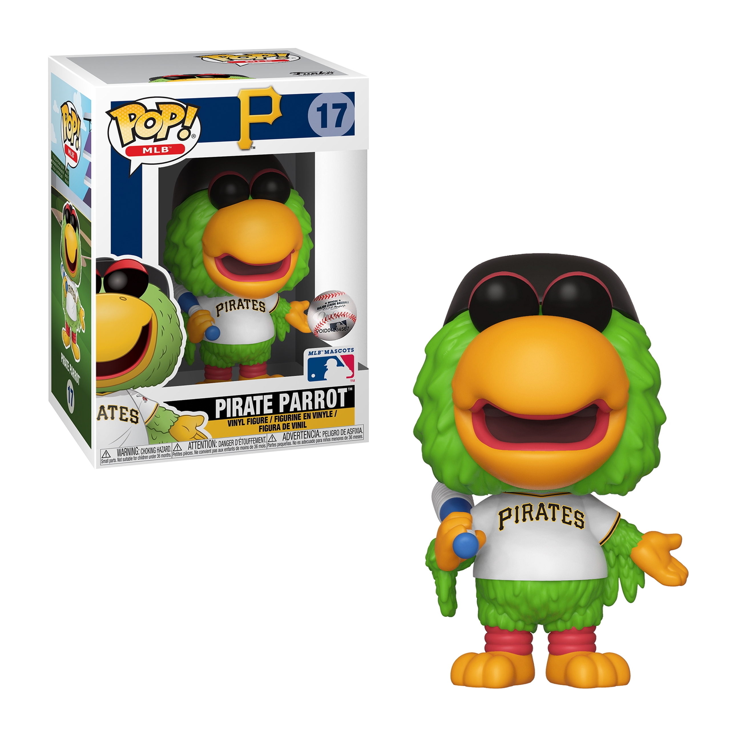 Pirate Parrot Funko Pop Figur im Pirates-Trikot, hält einen Baseball.