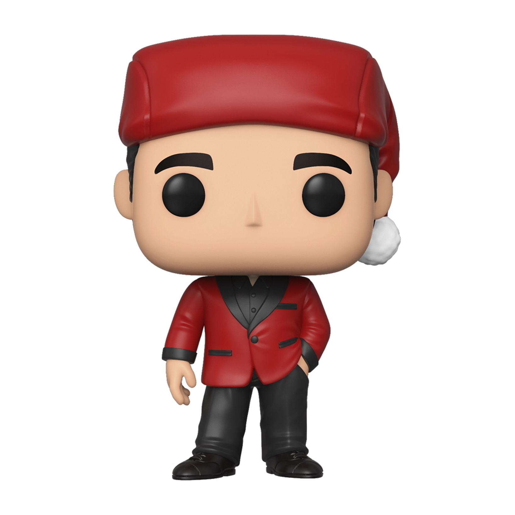 Funko Pop-Figur eines Mannes in rotem Weihnachtsanzug mit Weihnachtsmütze, auf weißem Hintergrund.