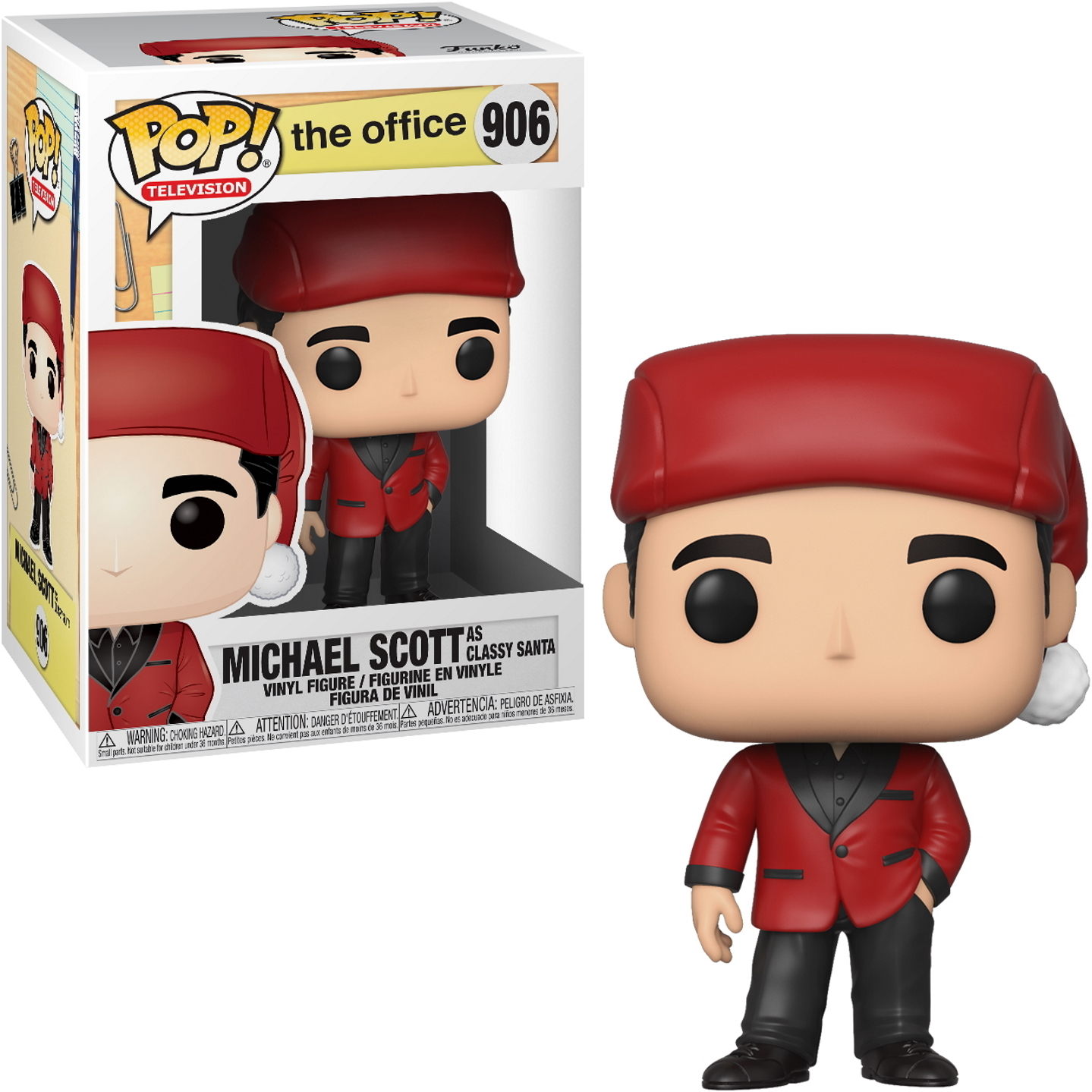 Michael Scott als edle Santa-Figur. Roter Anzug und Hut. Schwarzes Hemd. Weißer Hintergrund.