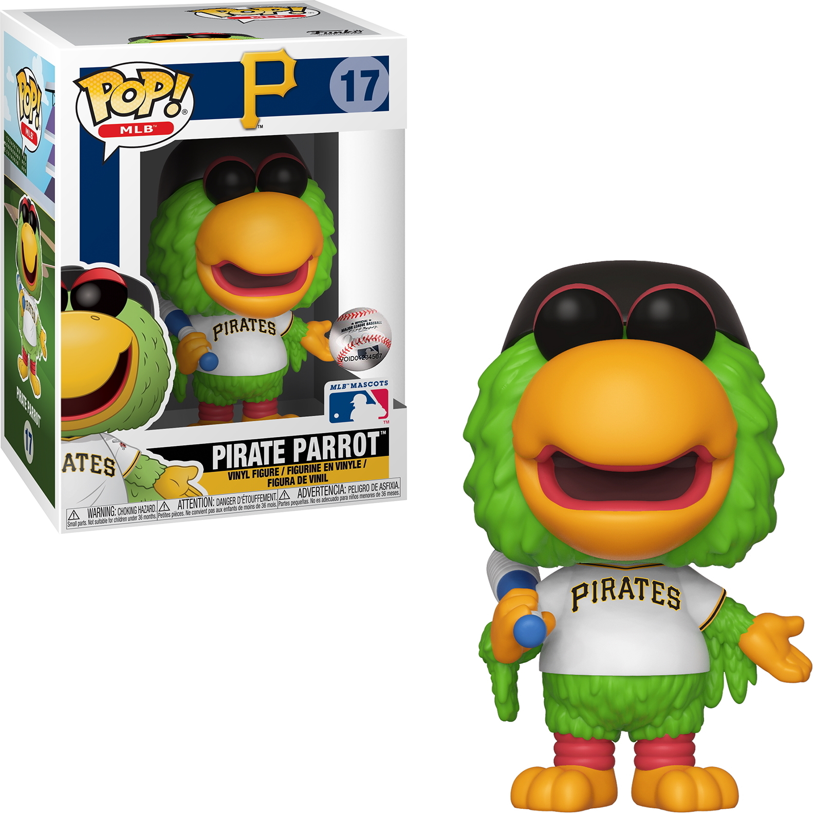 Funko Pop! Figur des Pirate Parrot Maskottchens, mit Box. Weißer Hintergrund.