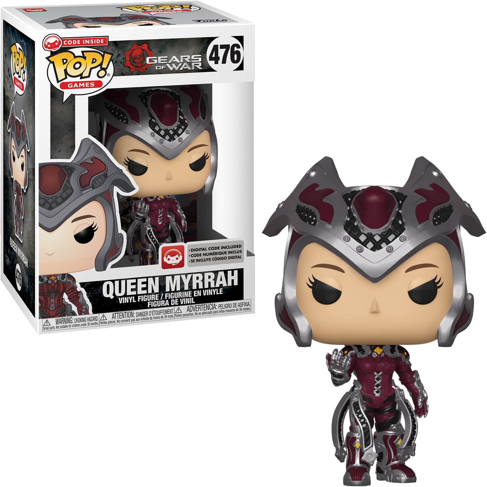 Queen Myrrah Funko Pop Figur in einer Box. Rote und silberne Rüstung, schwarze Augen, strenger Blick.