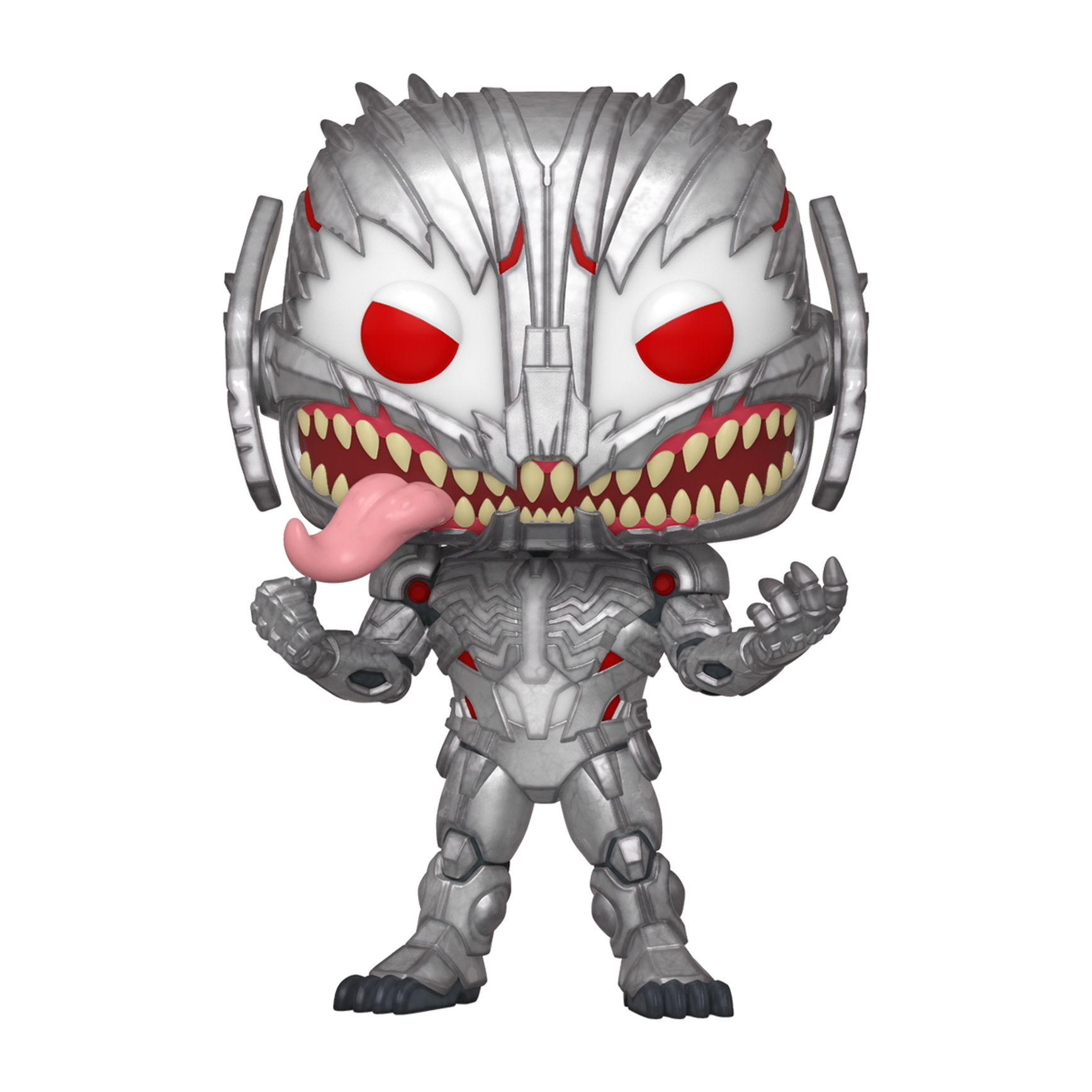 Eine silberne Ultron Funko Pop Figur. Es hat rote Augen und eine herausgestreckte Zunge, mit einer Box.