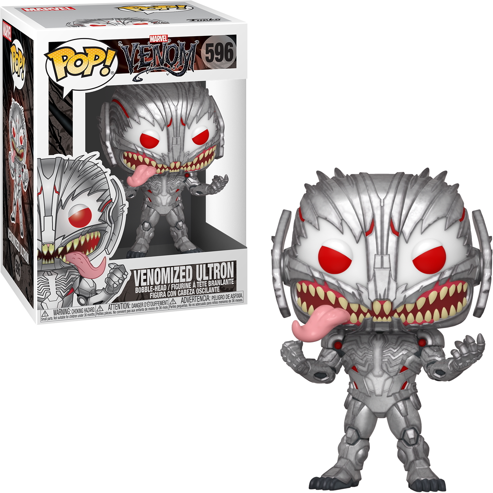 Venomized Ultron Funko Pop! Figur mit silbernem Körper, roten Augen und einer langen Zunge, neben der Box.