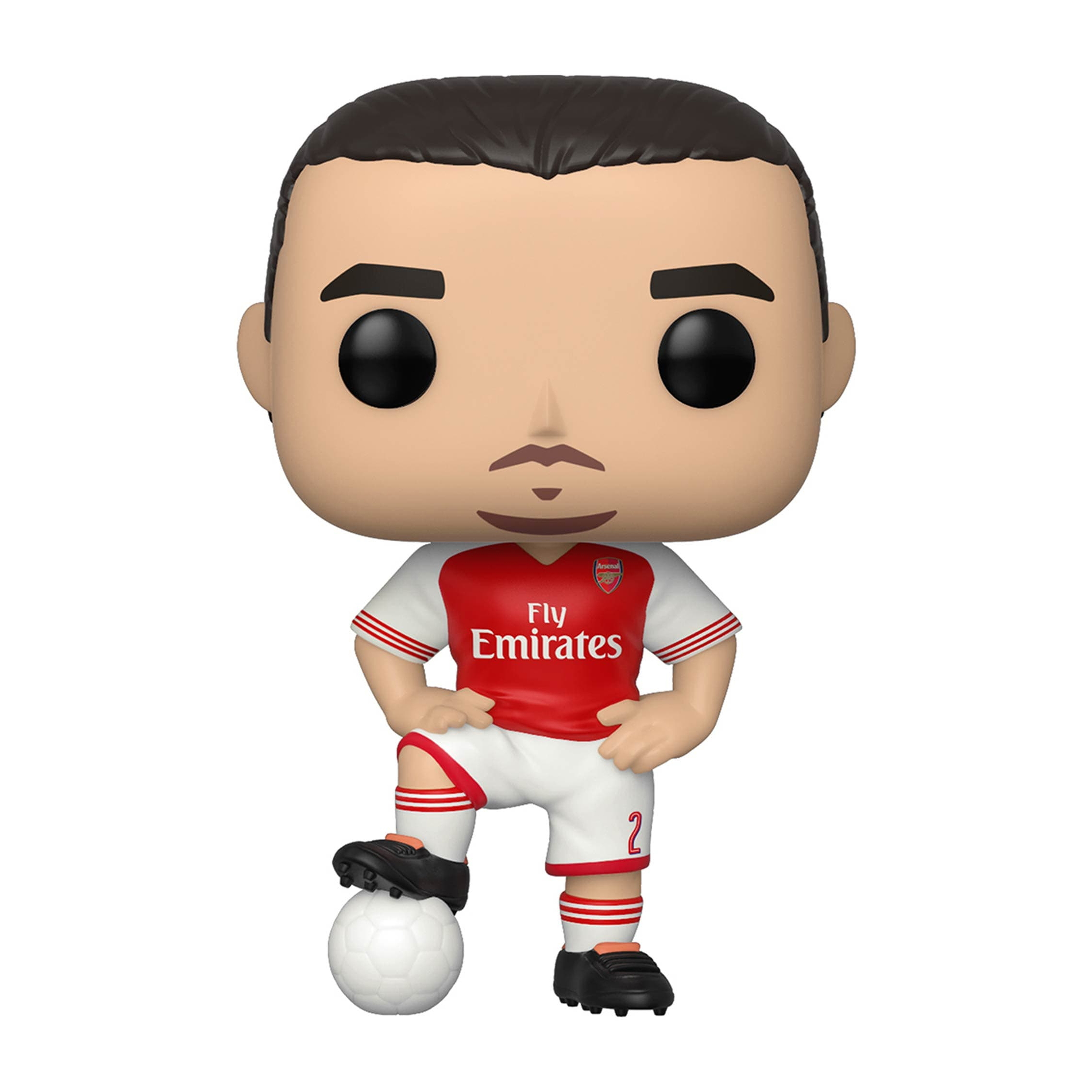 Fußballspieler Funko Pop. Rotes und weißes Trikot, schwarze Shorts, Fußball, schwarze Schuhe.