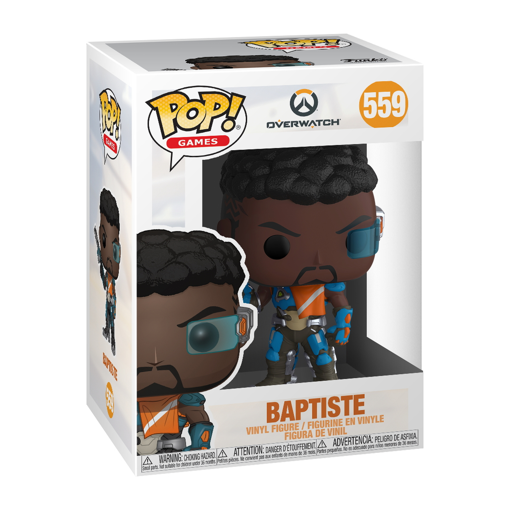 Una figura Funko Pop di Baptiste, un uomo nero con pizzetto, con un'armatura futuristica blu e arancione.