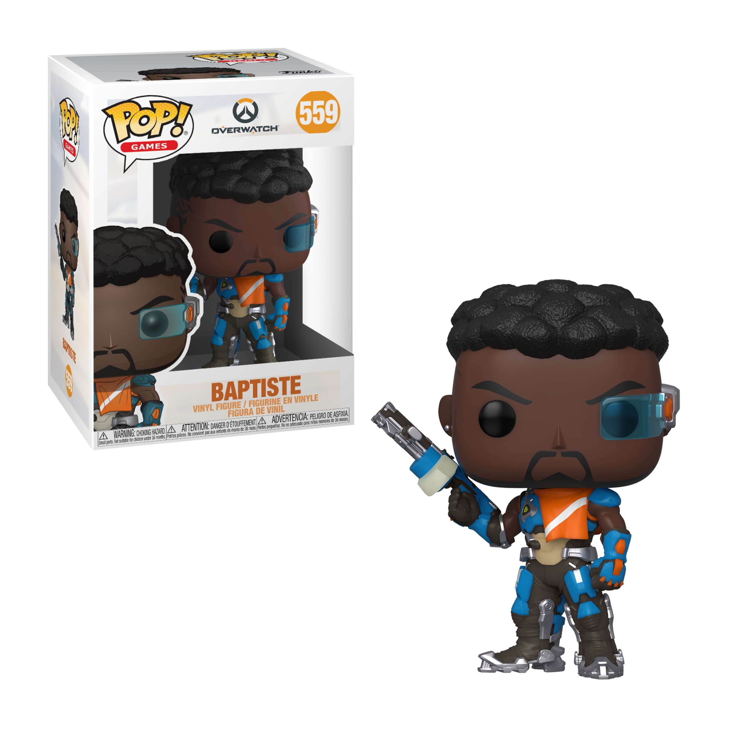 Personaggio Funko Pop di Baptiste in una scatola. Tiene una pistola. Abito arancione e blu.