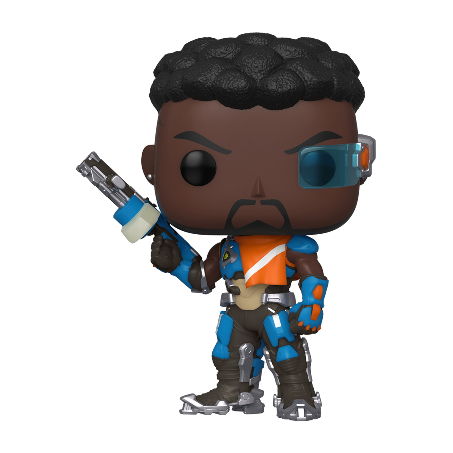 Figura di Soldier 76 con pistola. Pelle nera, completo arancione e blu. Occhio cibernetico. Bianco.