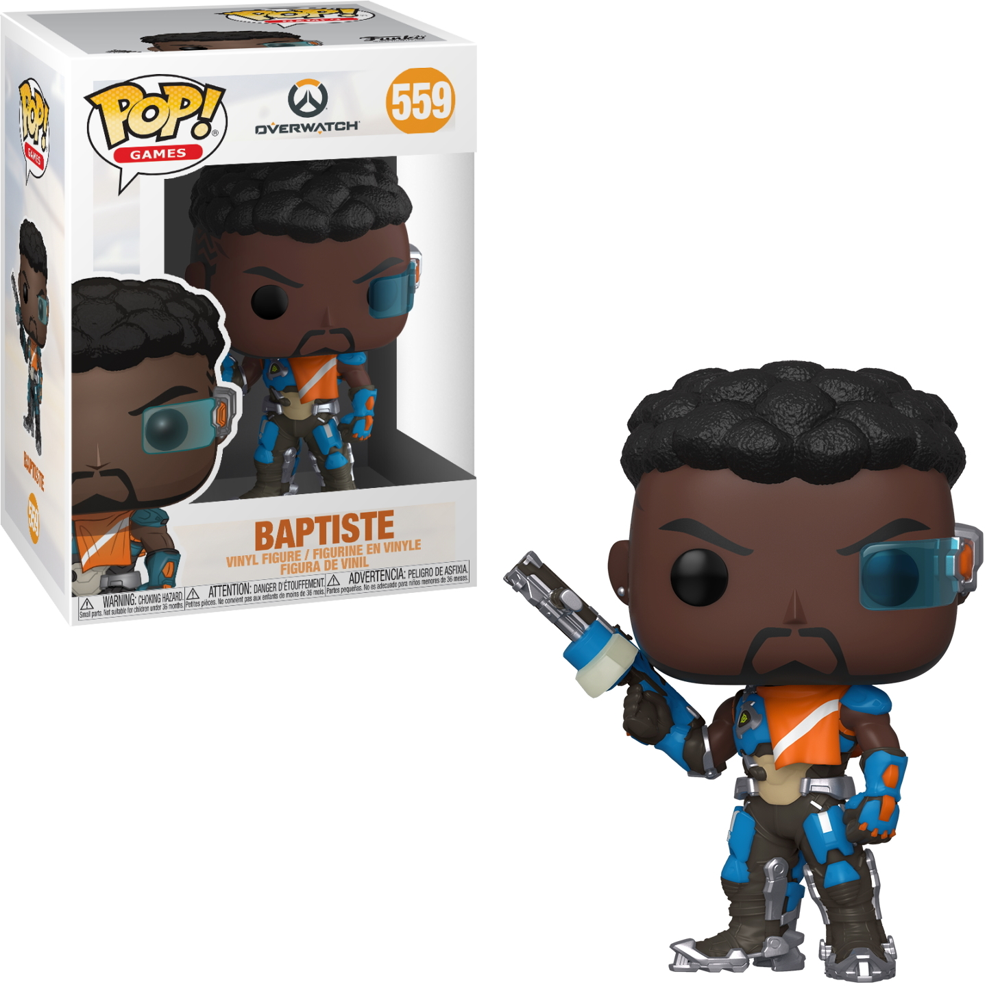 Una figura di uomo nero in abito arancione e blu, che tiene una pistola, con una visiera blu.