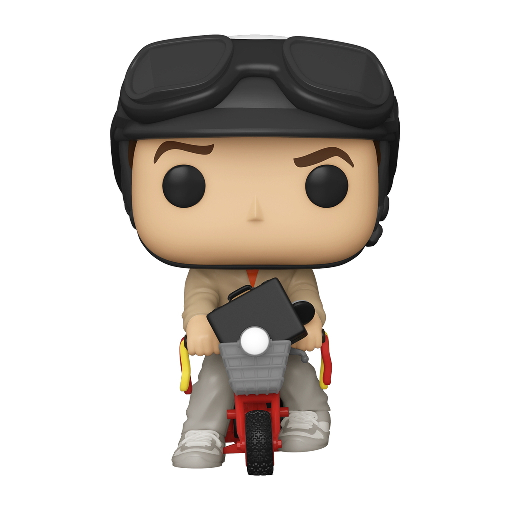 Funko Pop Figur fährt rotes Dreirad, trägt Brille und Helm.