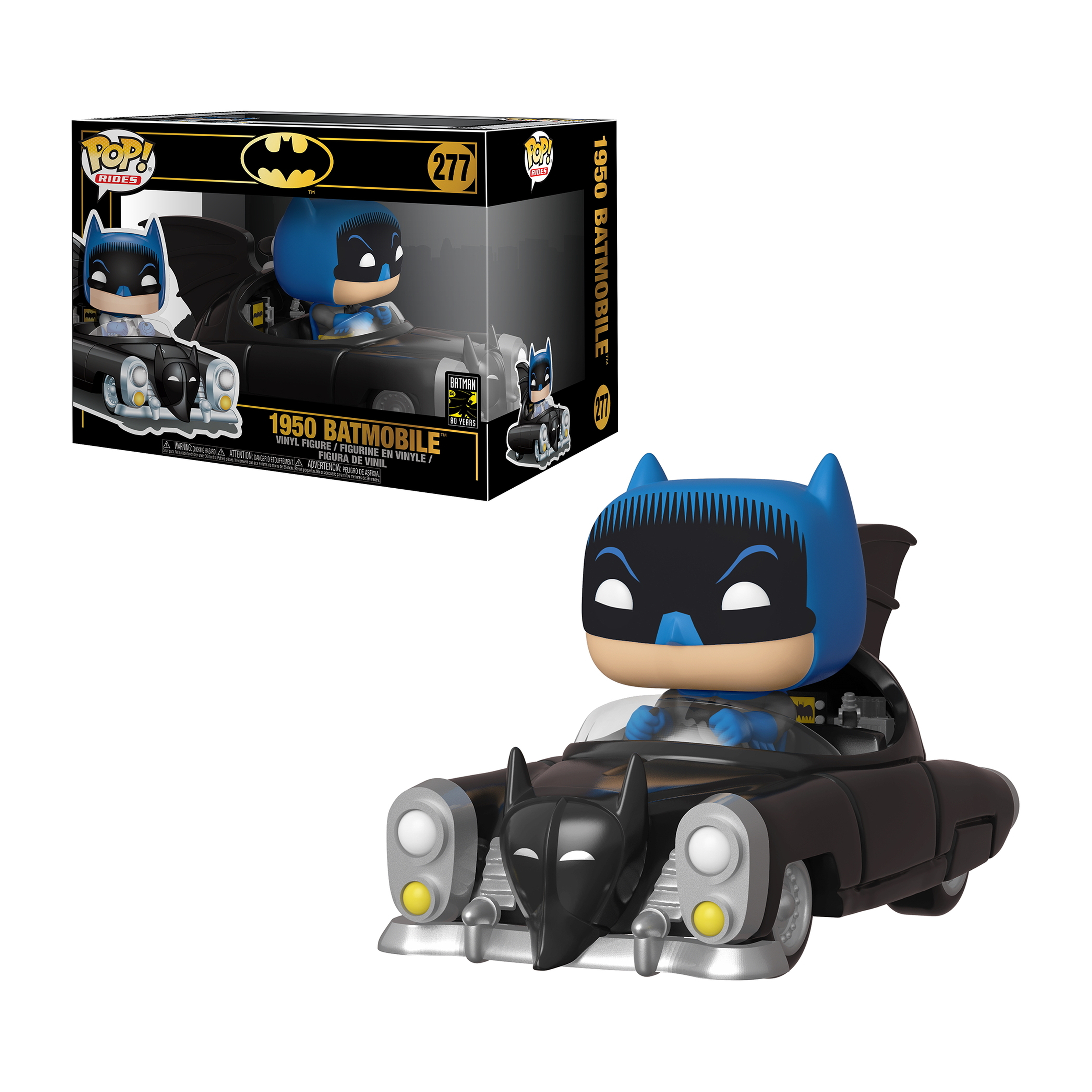 1950 Batmobil Funko Pop Figur in einer Box. Batman ist in dem blau-schwarzen Auto. Die Box zeigt das Auto.