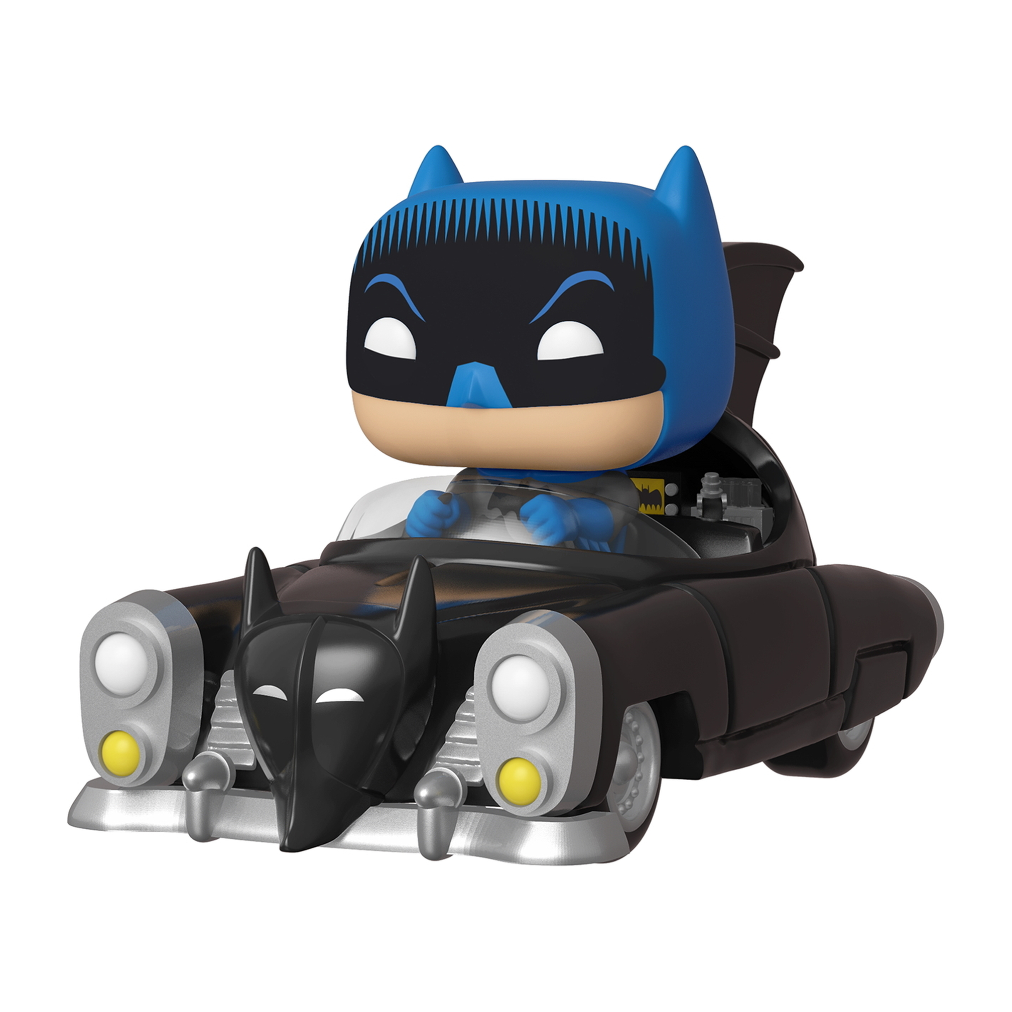 Batman in einem Auto, eine Funko Pop Figur. Er trägt eine blaue Kapuze. Das Auto ist schwarz mit silbernen Details.