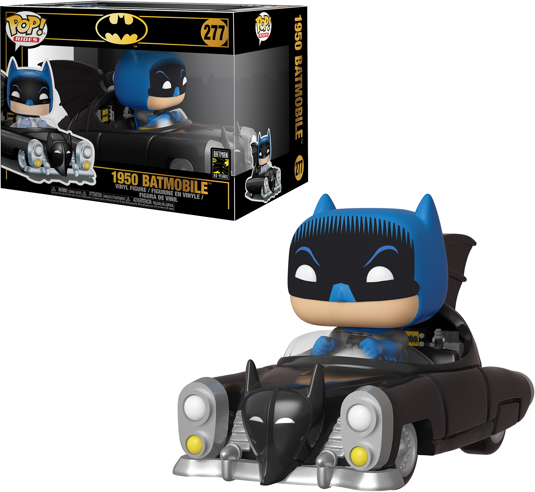 1950 Batmobile Funko Pop Figur. Blauer Batman im Auto, mit dem Logo des Batmobils. Die Box wird gezeigt.