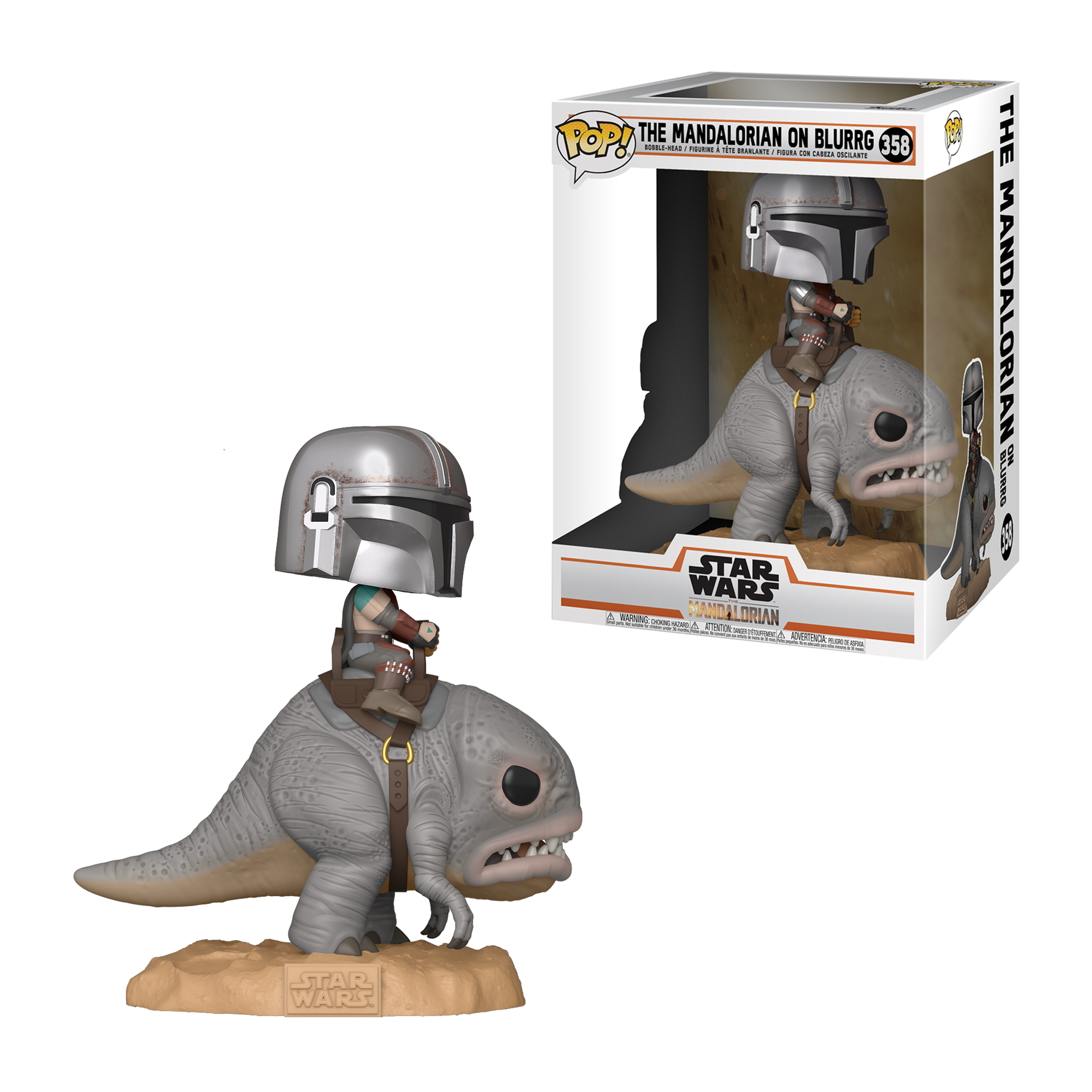 La figura del Mandaloriano che cavalca un Blurrg. La figura ha un casco e una scatola con il logo di Star Wars.