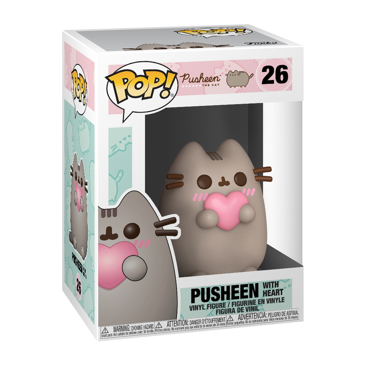 Pusheen Katze Funko Pop Figur, die ein rosa Herz hält, in einer Box mit Pusheen Branding.