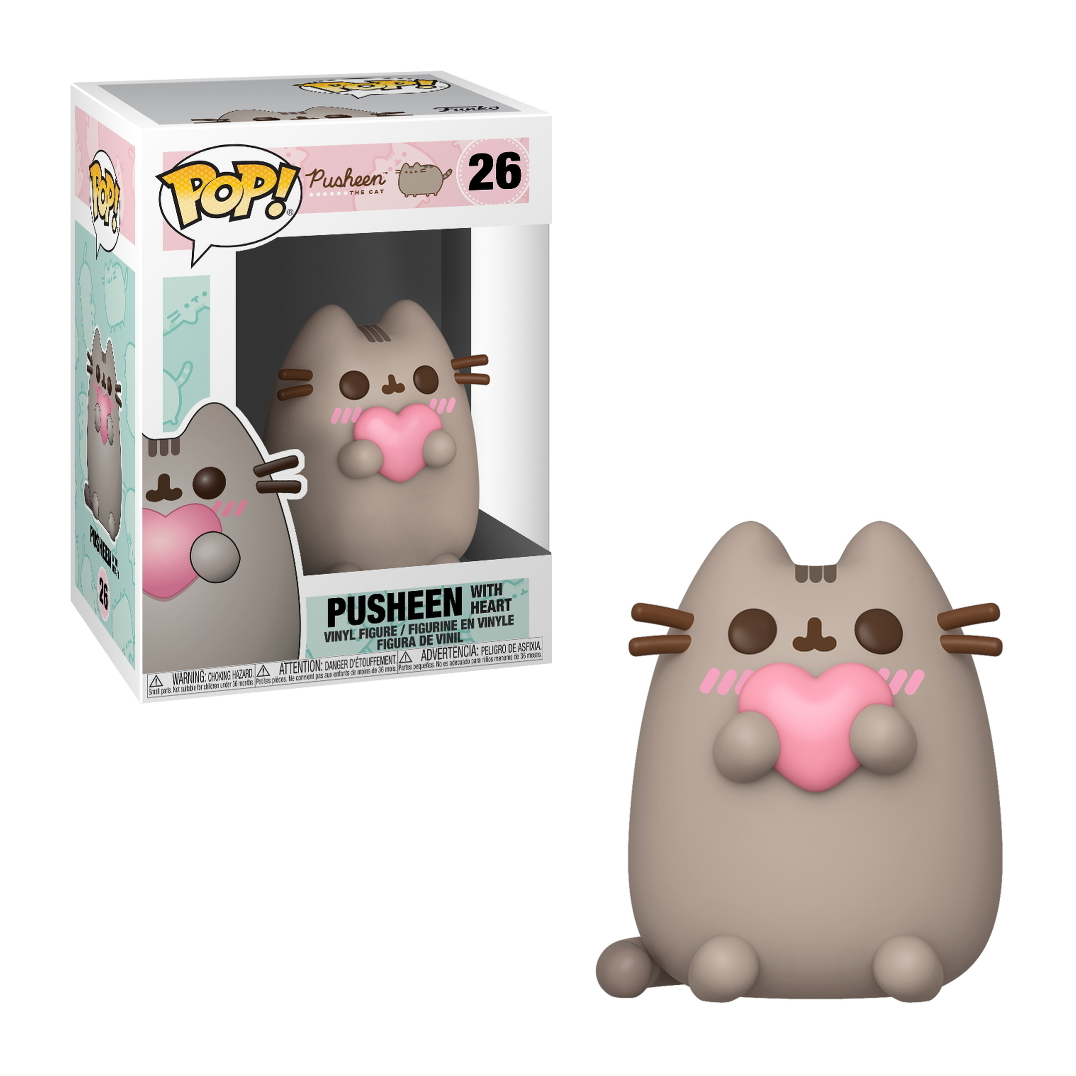 Pusheen Funko Pop Figur mit einem rosa Herzen. Es ist eine graue Katze.