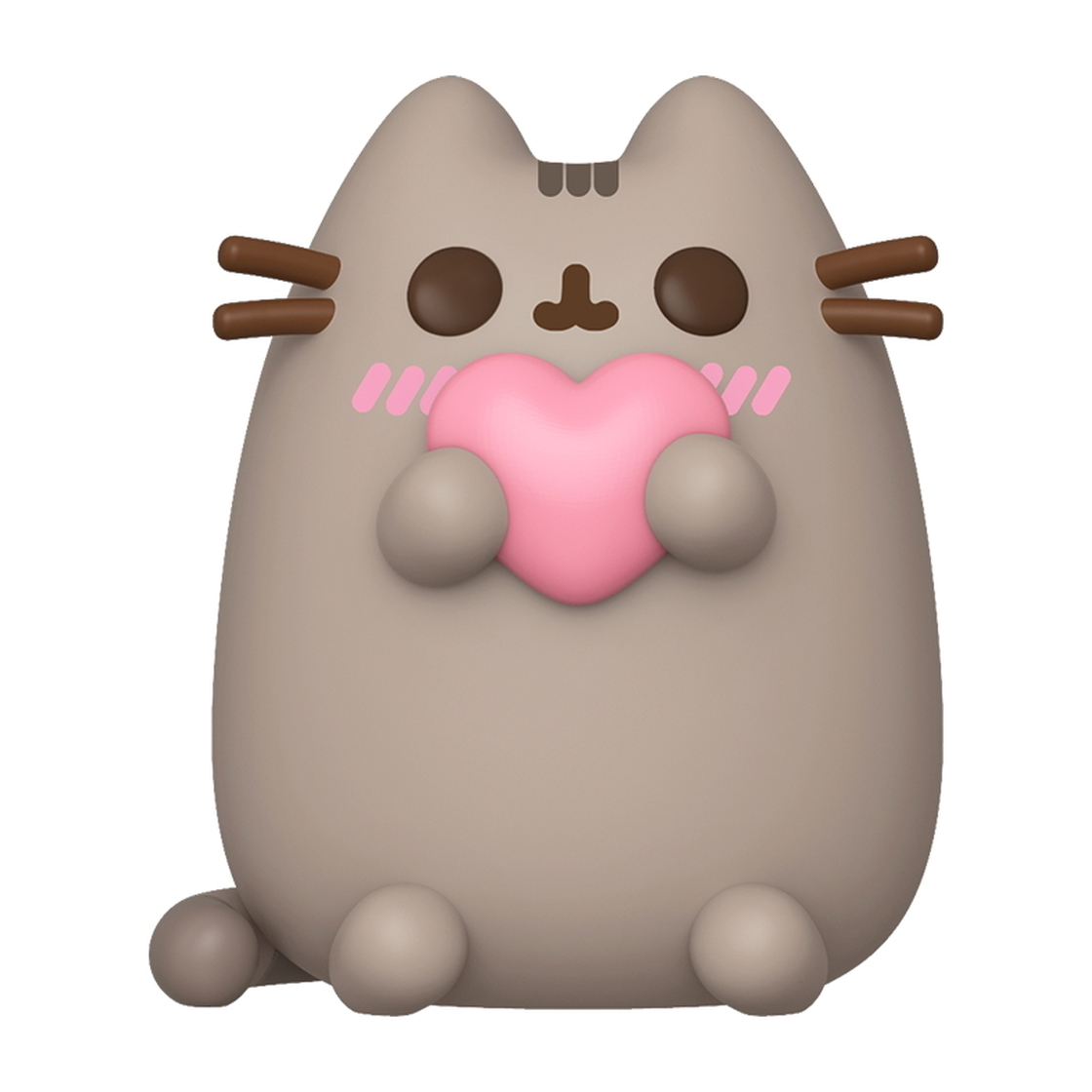 Cartoon Pusheen Katzenfigur, die ein rosa Herz hält. Es ist eine graue Katze mit rosa Wangen.