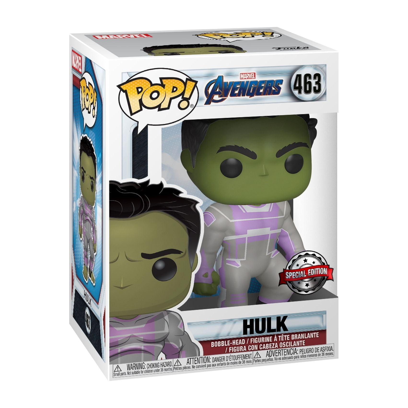 Hulk Figur in der Box. Die Figur ist grün mit lila und grauen Details. Box enthält Titel und Figur.