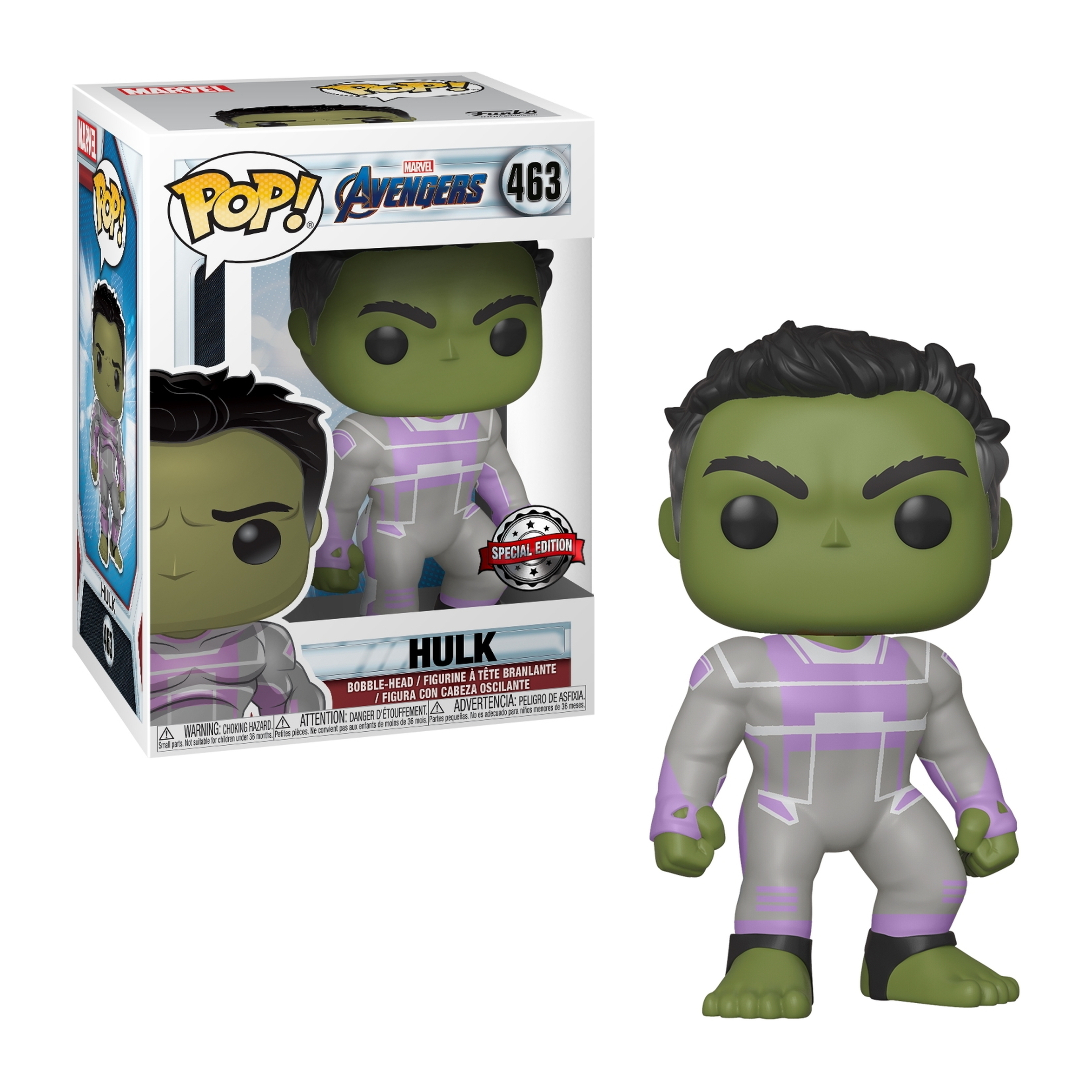 Hulk Funko Pop! Figur. Grüne Haut, grauer Anzug mit lila Akzenten, Fäuste hoch.