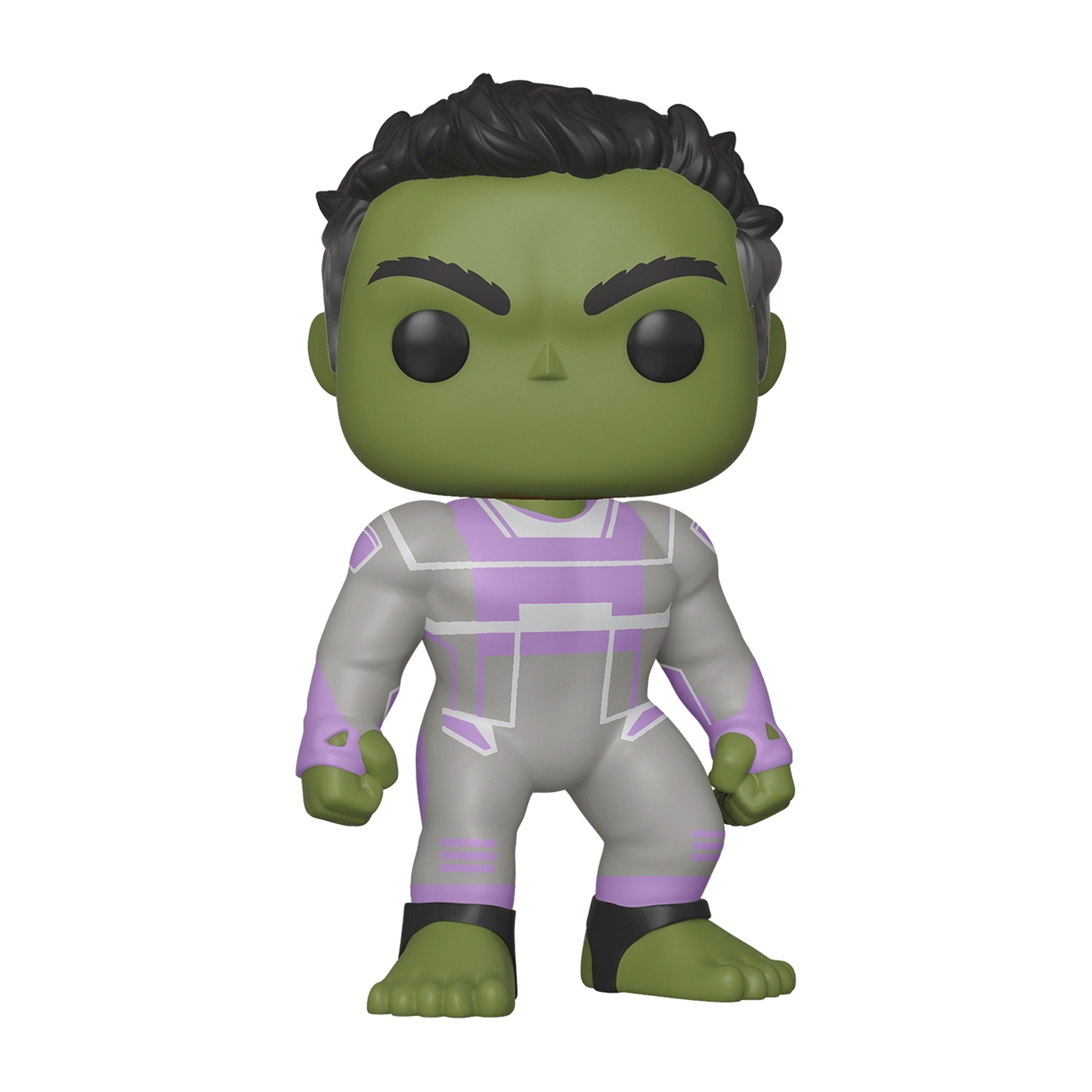 Hulk Figur. Er ist grün mit einem lila und grauen Anzug. Er hat ein ernstes Gesicht.