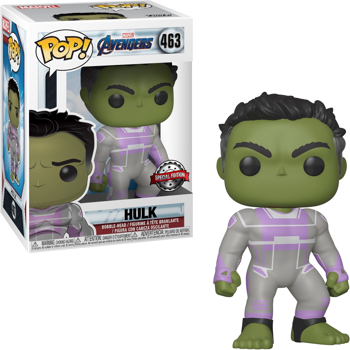 Hulk Wackelkopf-Figur in grauem Anzug mit lila Akzenten. Die Box ist im Hintergrund sichtbar.
