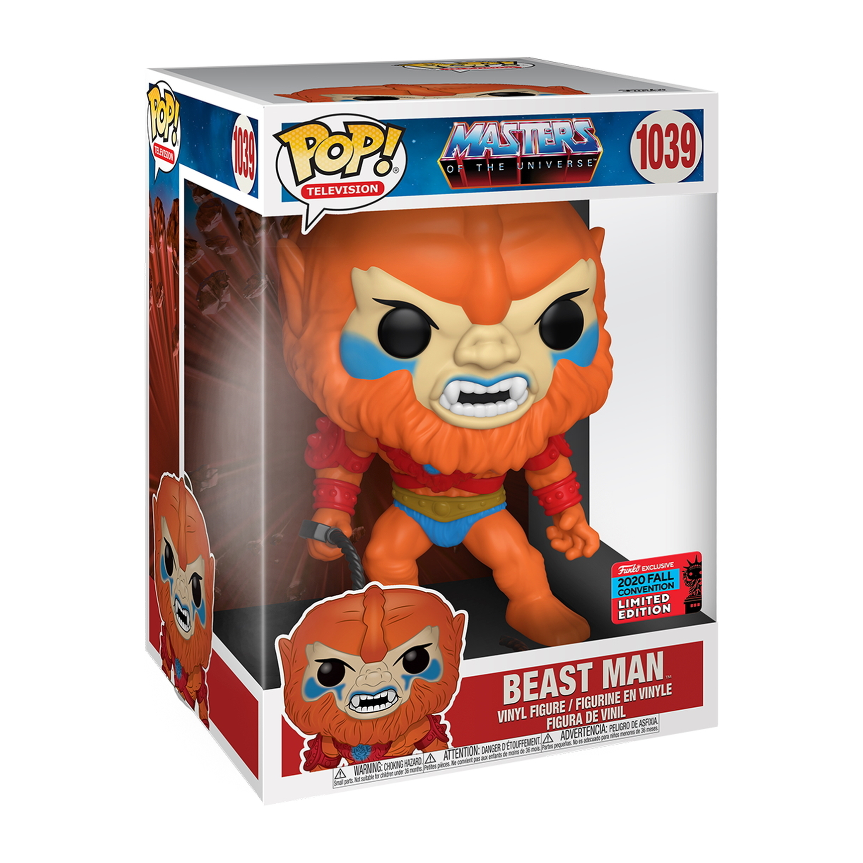 Beast Man Figur in einer Box. Die Figur ist orange und blau, mit einem Limited Edition-Aufkleber. Box hat ein Masters of the Universe Logo.