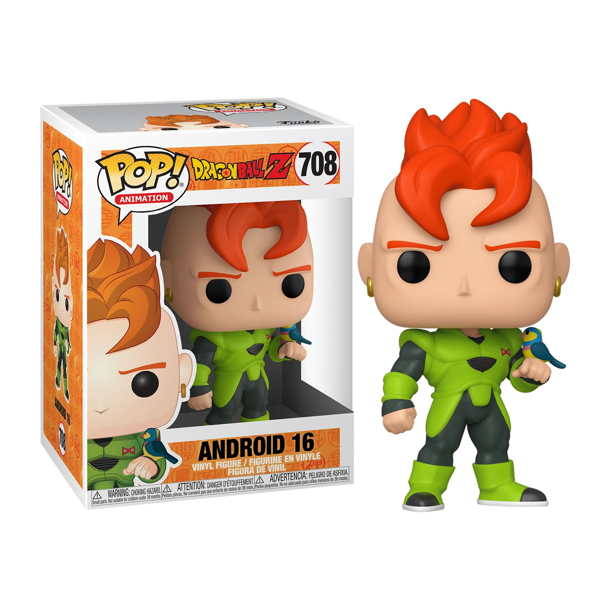 Android 16 Dragon Ball Z Funko Pop Figur. Sie befindet sich in einer Box, mit einem grünen Outfit und orangen Haaren.