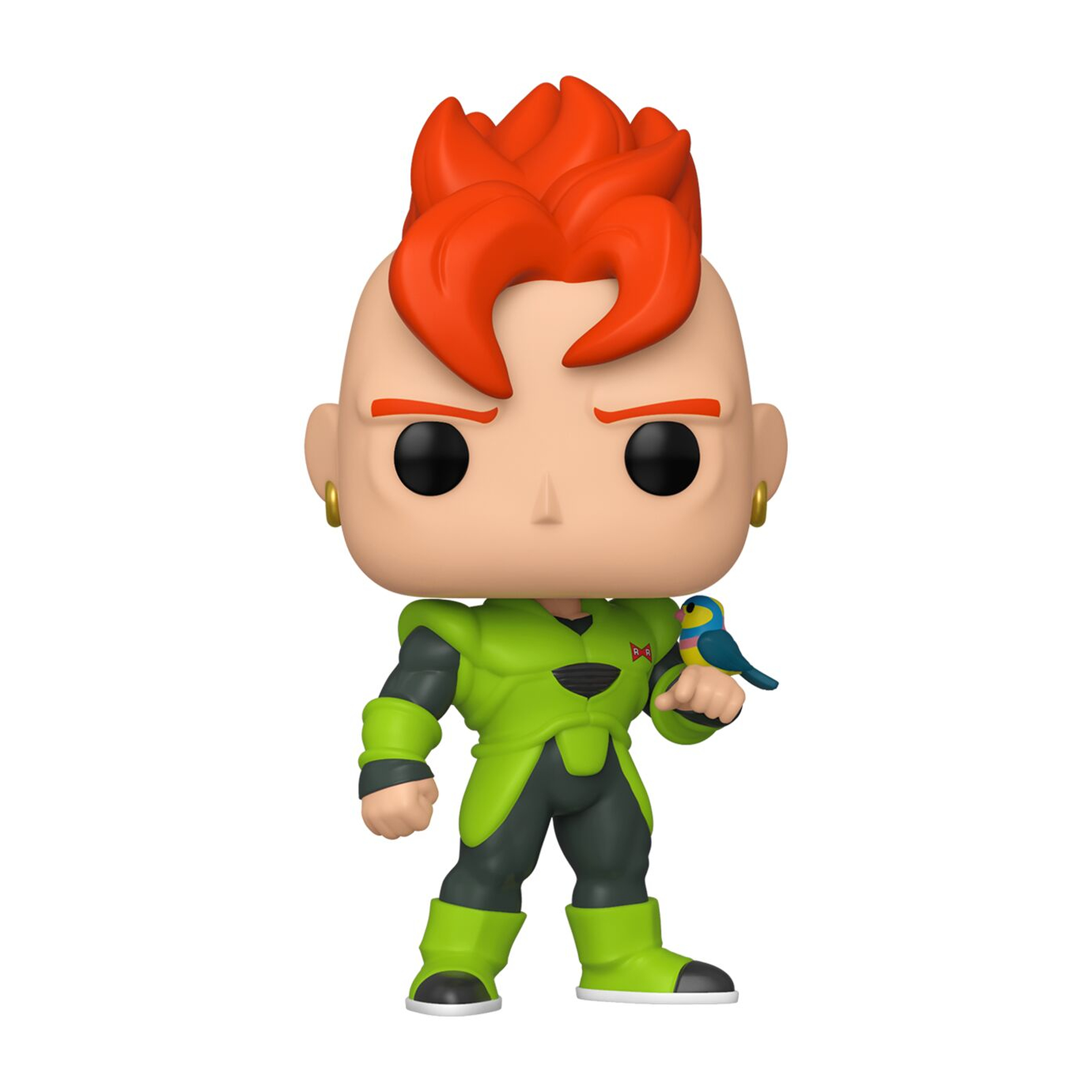 Android 16 Dragon Ball Z Funko Pop Figur. Rotes Haar, grünes Outfit und ein Vogel auf der Hand.