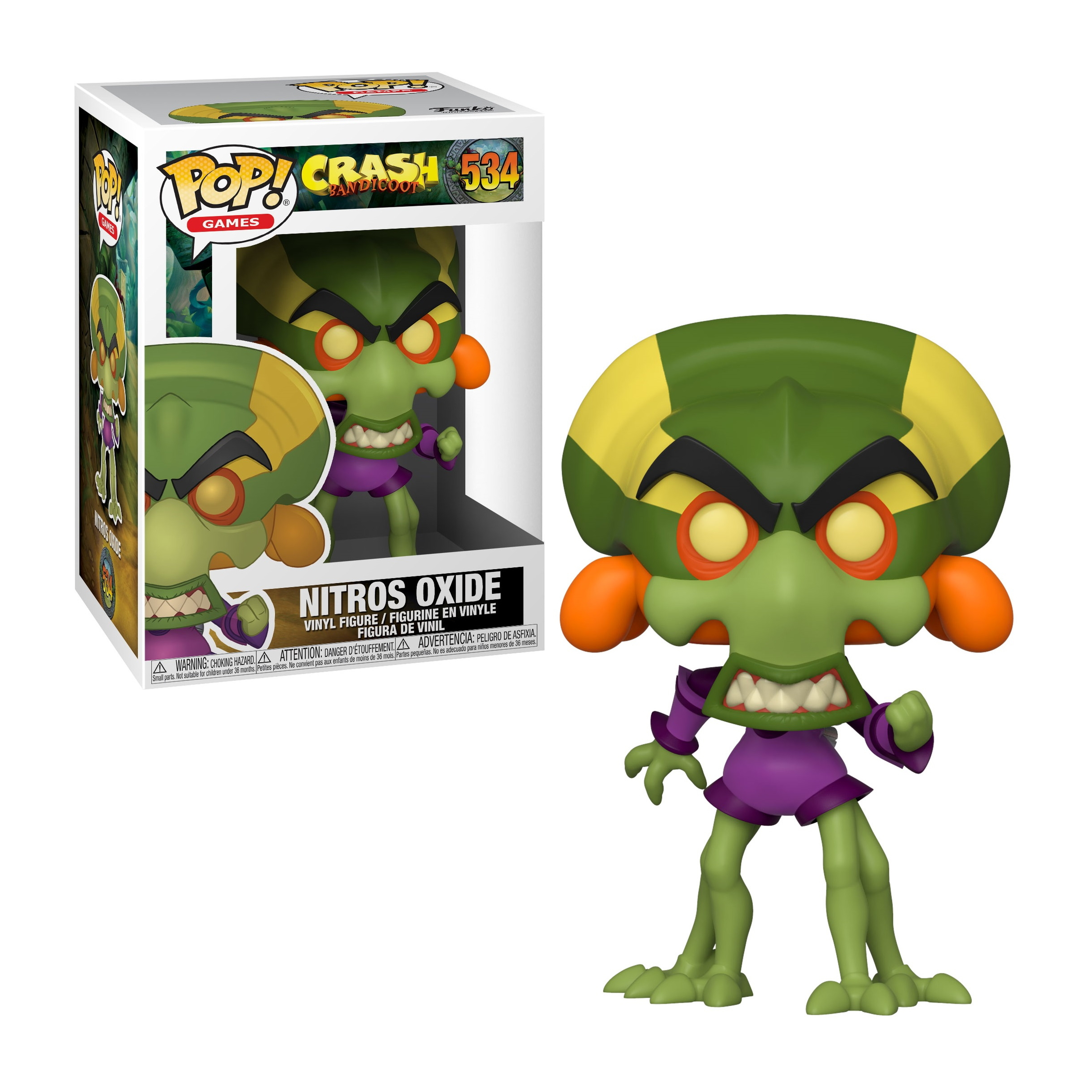 Funko Pop zielonego stworzenia z żółtą twarzą i fioletowymi ubraniami, z Crash Bandicoot.