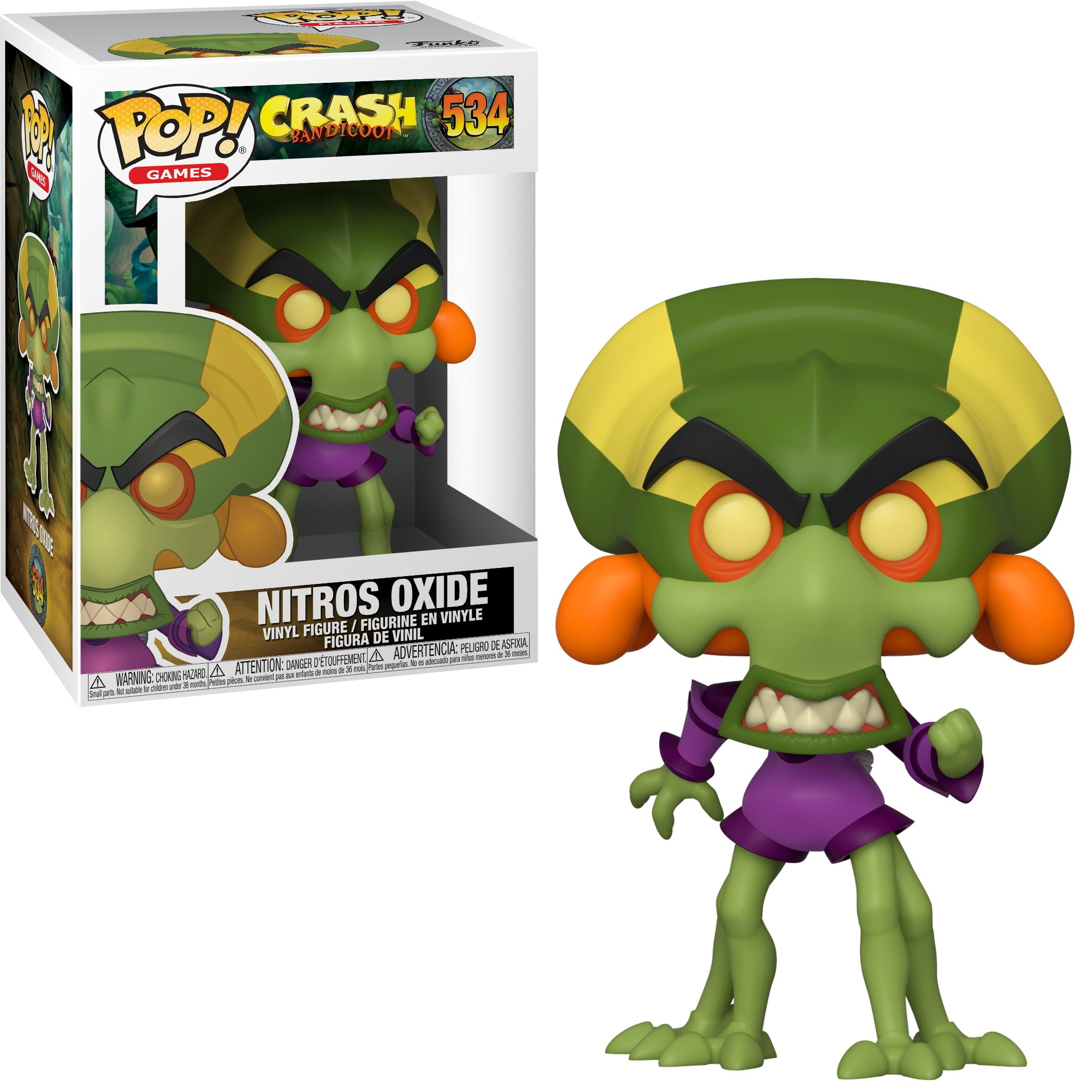 Zielona figurka Funko Pop Nitros Oxide w fioletowym stroju, w opakowaniu.
