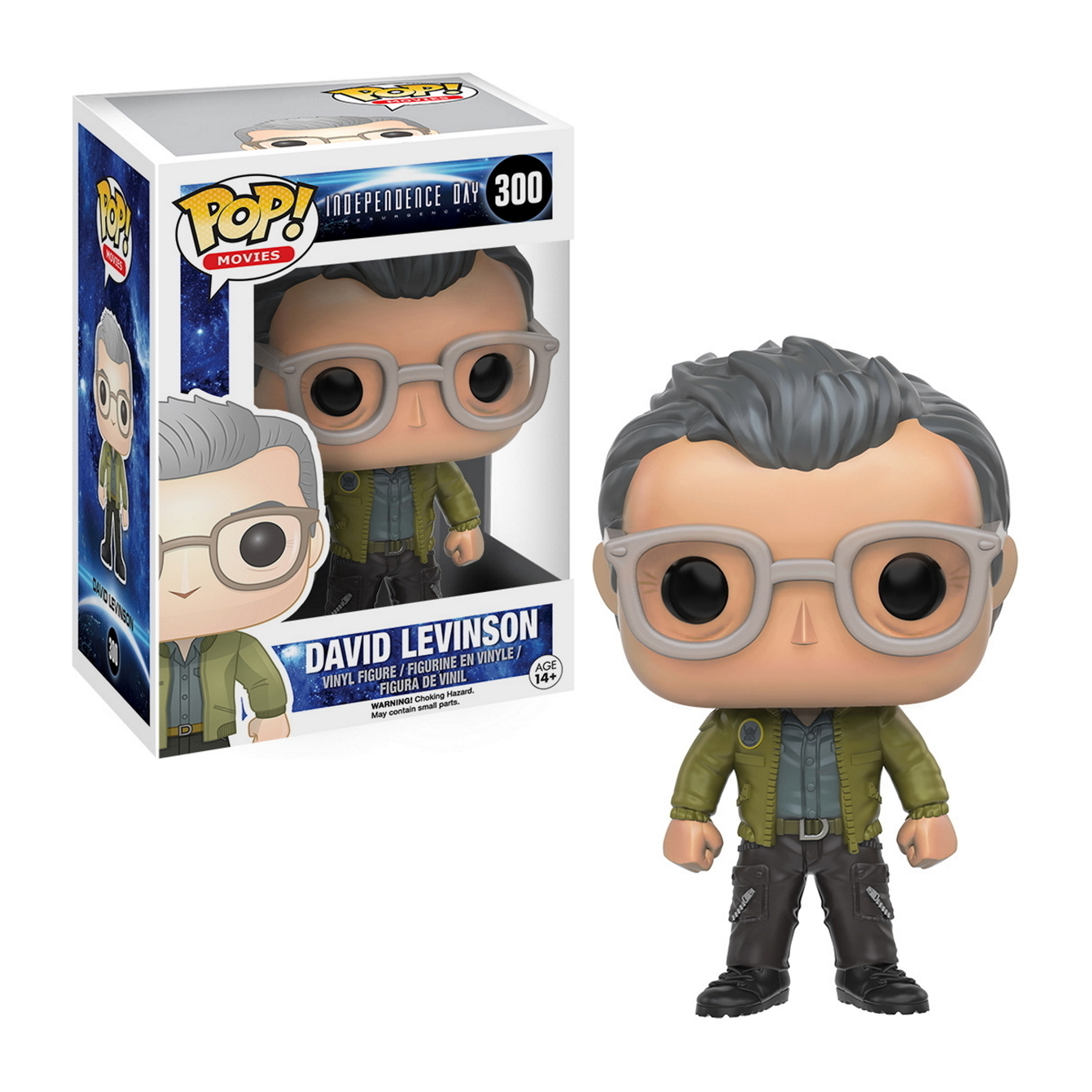 David Levinson Funko Pop Figur mit Box, Brille, grüne Jacke, graue Haare.