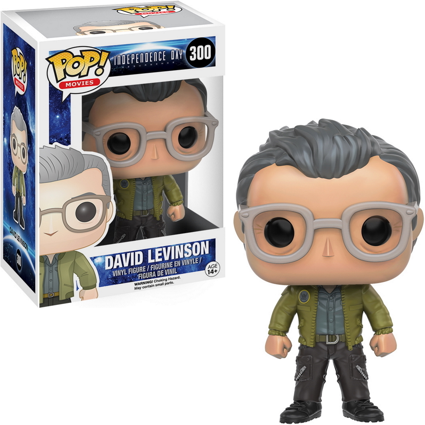 David Levinson Funko Pop Figur. Er hat graue Haare und eine Brille und trägt eine grüne Jacke.