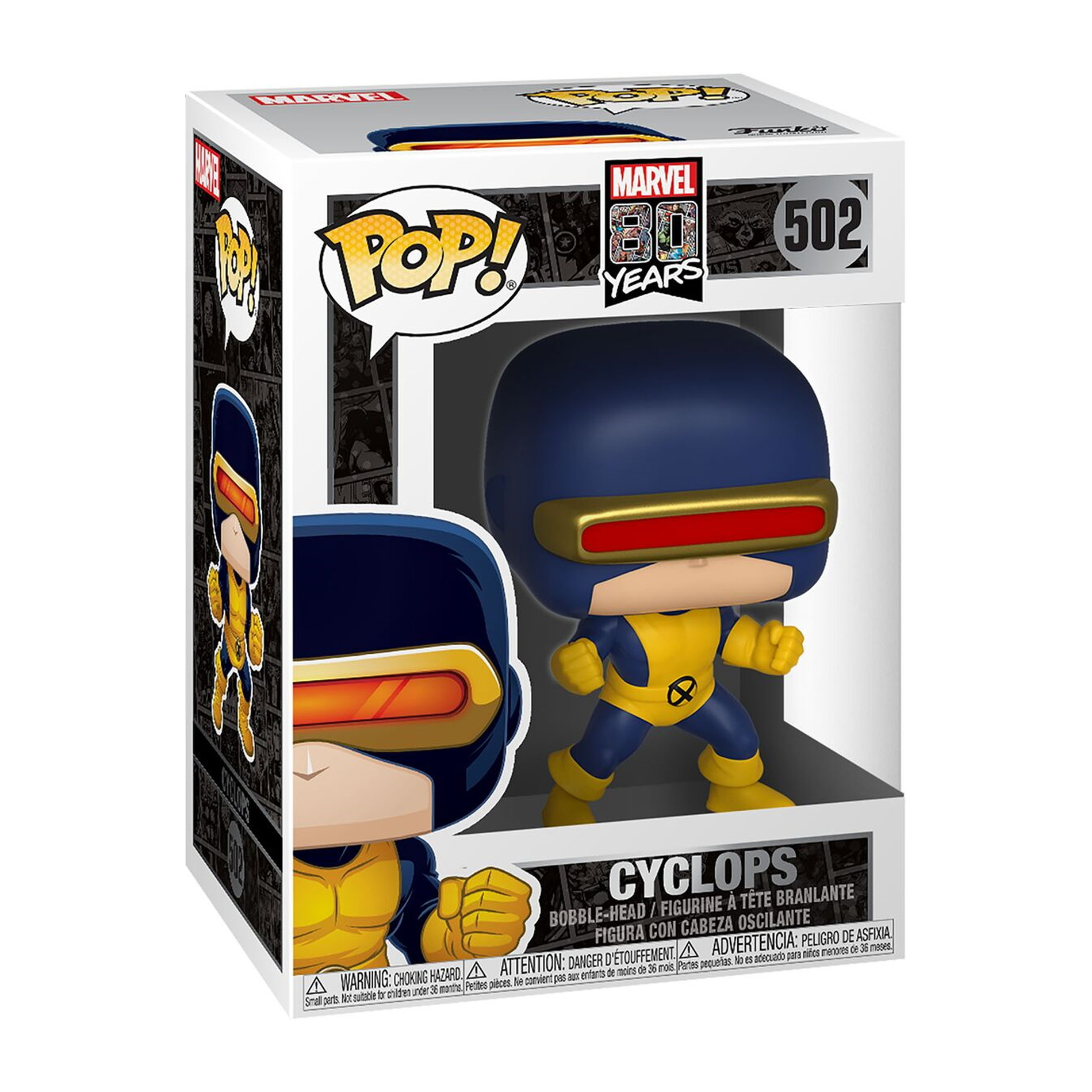 Figurka Cyklopa w pudełku. Ma na sobie niebiesko-żółty mundur i wizjer.