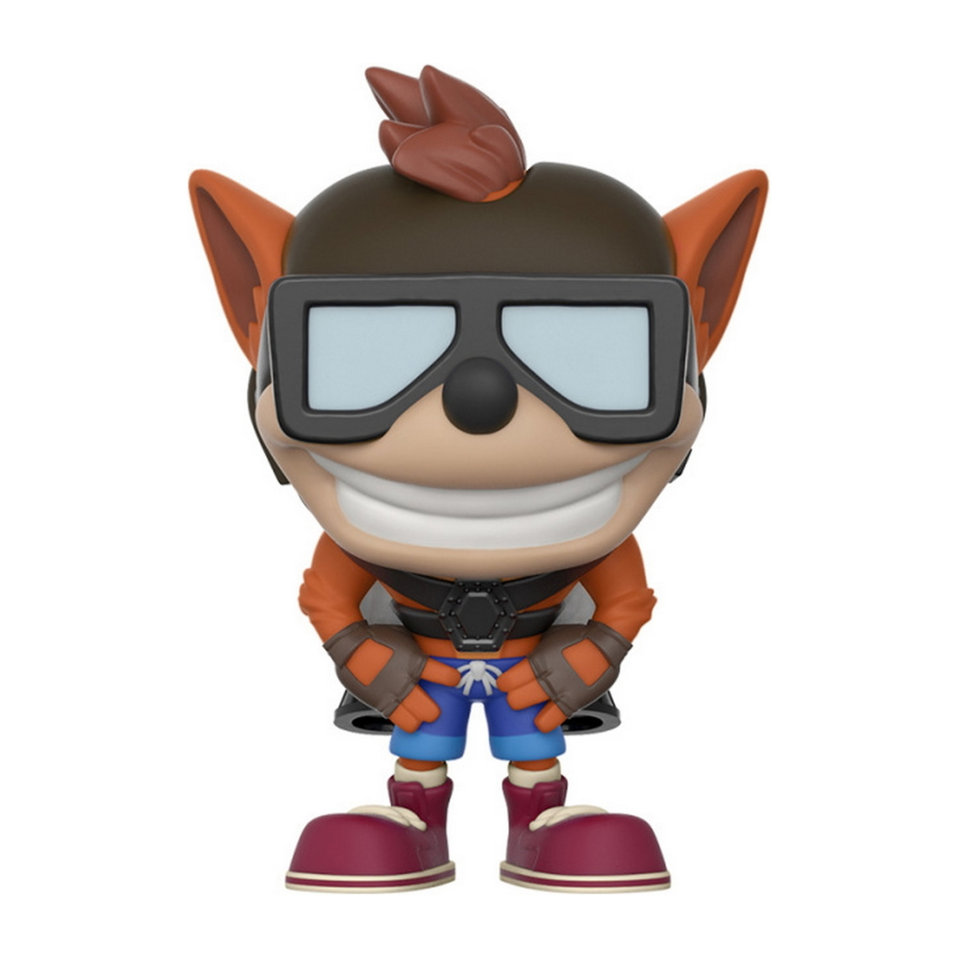 Crash Bandicoot Funko Pop Figur. Orangefarbenes Fell, Brille, braune Haare, blaue Shorts, rote Schuhe.
