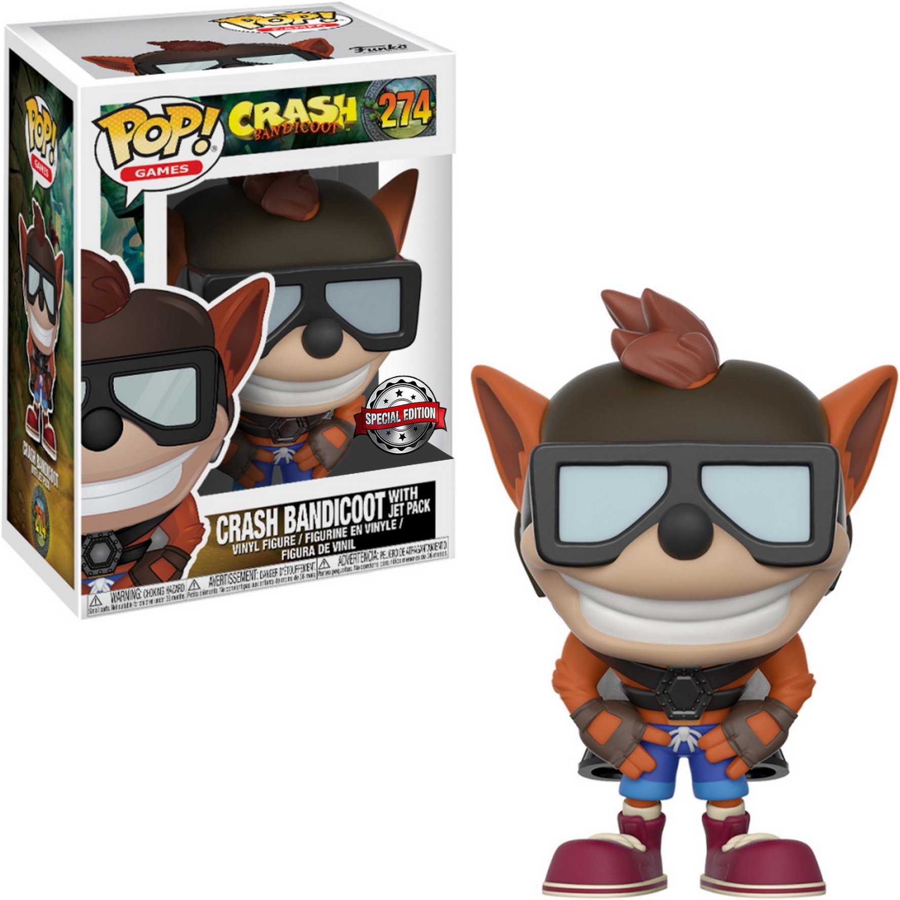 Funko Pop Figur von Crash Bandicoot mit Brille. Oranges Fell, trägt blaue Shorts. Boxfigur.