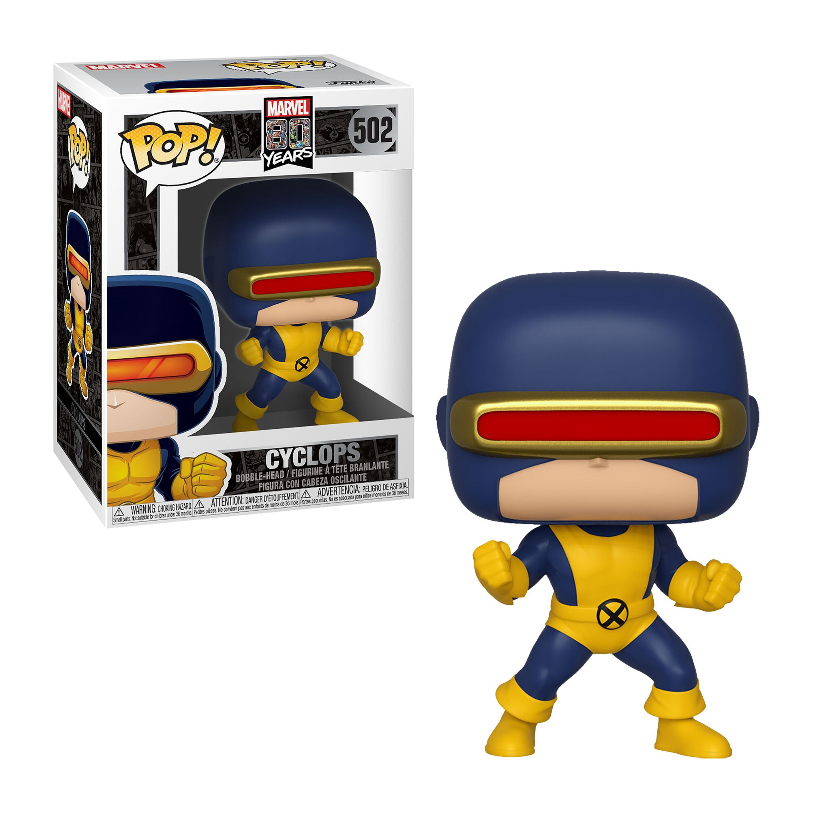 Figurka Funko Pop Cyklopa w niebiesko-żółtym kostiumie i pudełku.