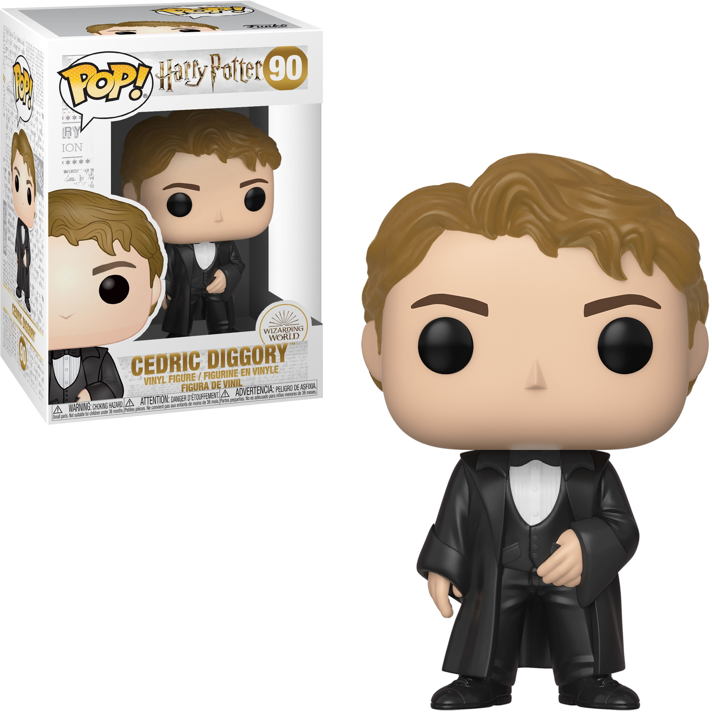 Cedric Diggory Funko Pop Figur, schwarzer Anzug, Schachtel im Hintergrund.