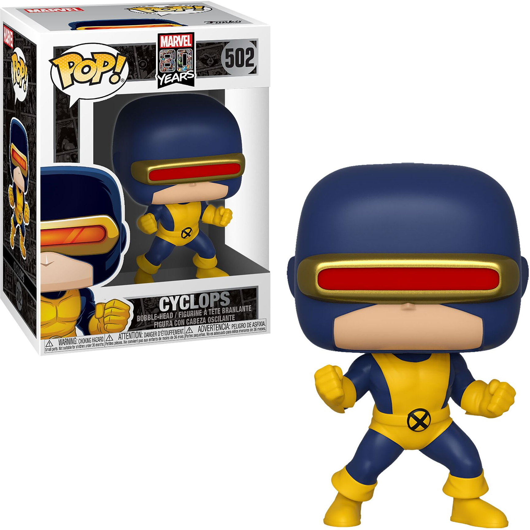 Figurka Cyclops Pop w pudełku. Nosi niebieski strój z żółtymi akcentami i czerwoną osłoną. Pudełko również pokazuje jego wizerunek.