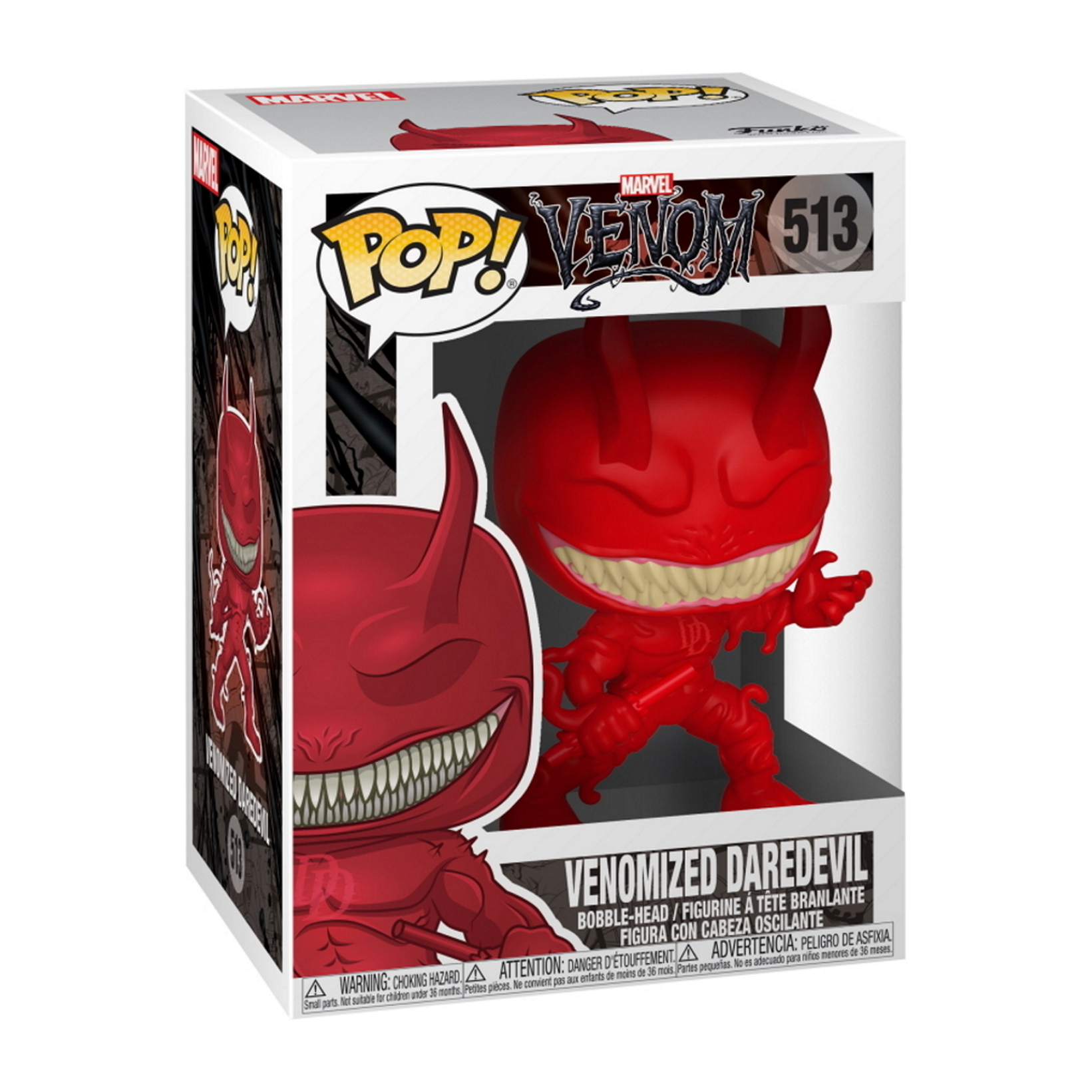Eine Funko Pop Figur von Venomized Daredevil, in einer Box.
