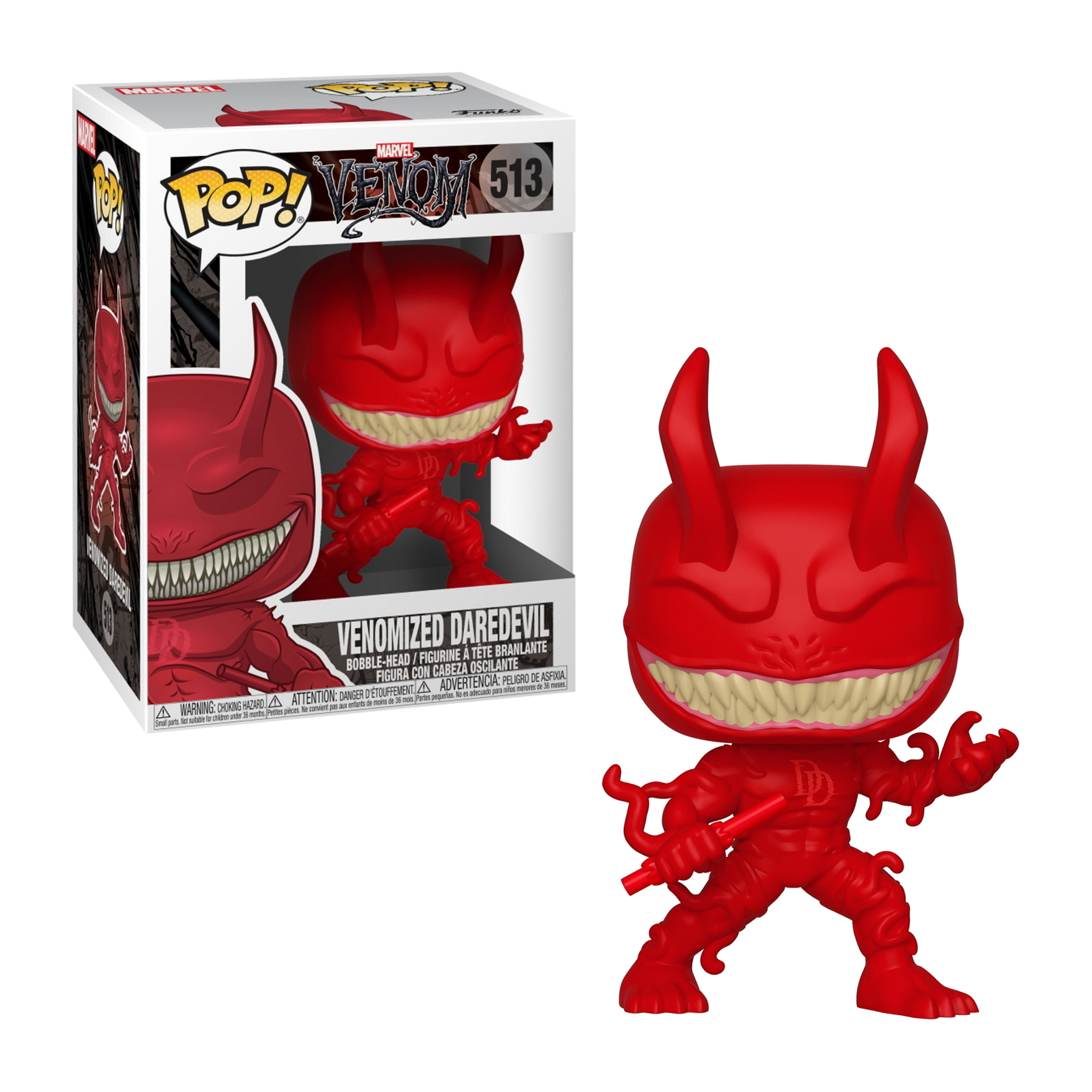 Venomized Daredevil Actionfigur in Rot, mit Hörnern und einer Box.