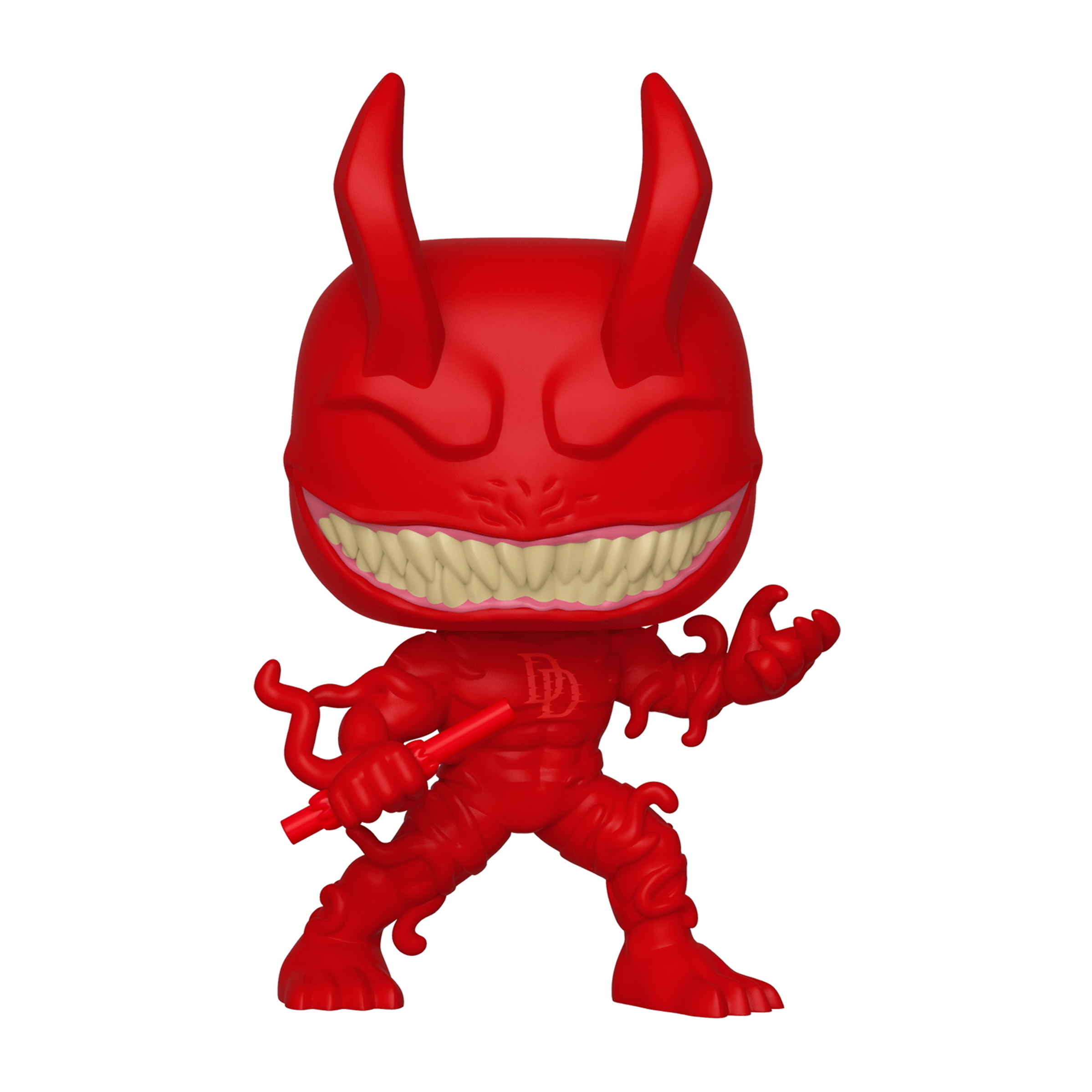 Eine rote Daredevil Funko Pop Figur, die eine rote Waffe hält, mit grinsendem Gesicht.