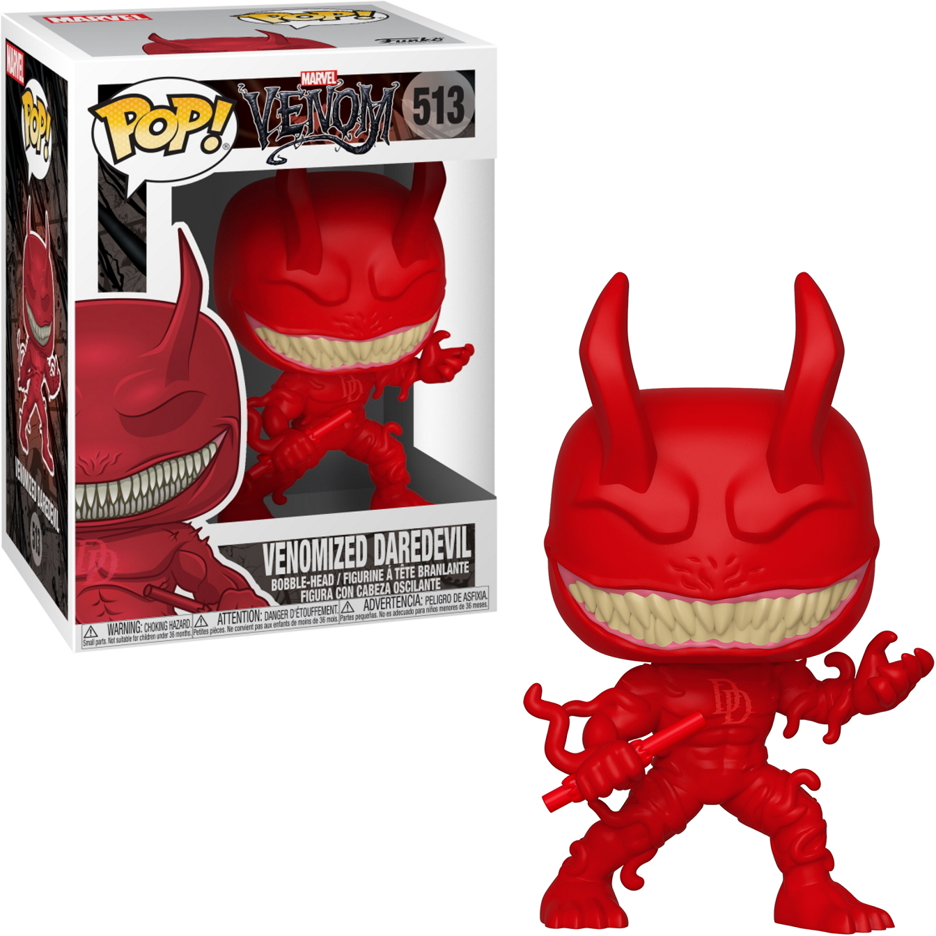 Funko Pop! Figur von Venomized Daredevil, in Box. Rote Figur mit weißen Zähnen und Hörnern.