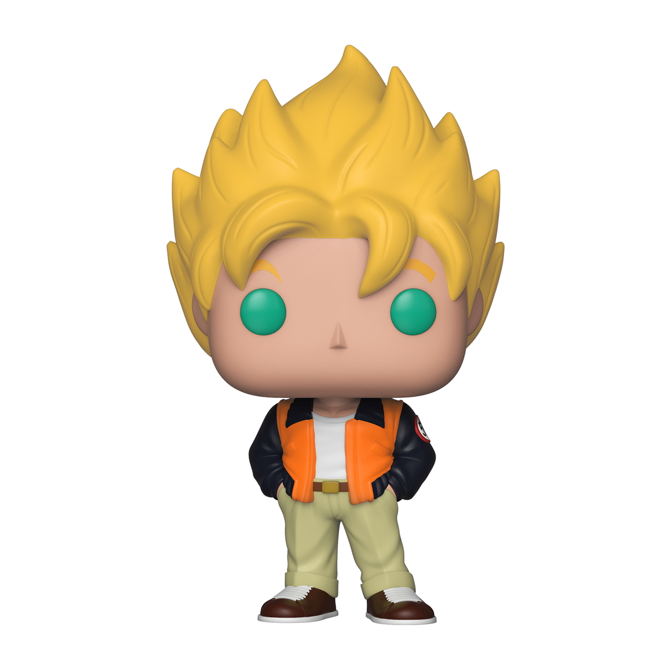 Eine Funko Pop Figur einer Figur mit stacheligen gelben Haaren, die eine orange Jacke und eine beige Hose trägt.