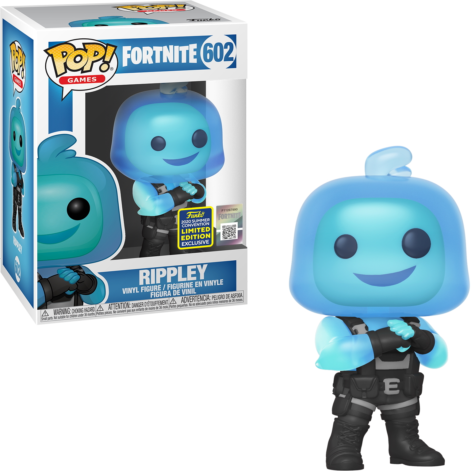Rippley Funko Pop-Figur mit blauem, durchscheinendem Körper, in der Box. Schwarzes Outfit, verschränkte Arme.