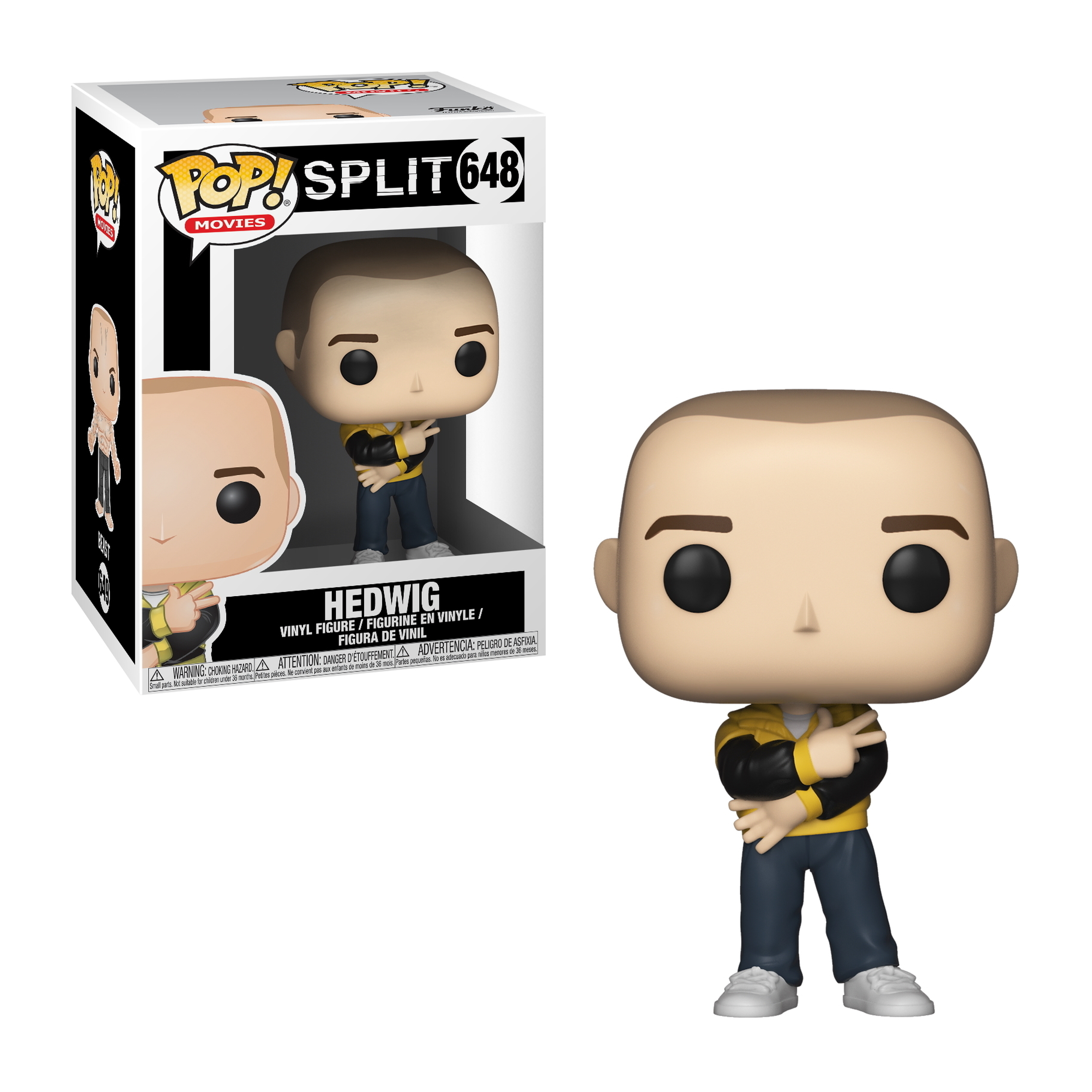 Hedwig Funko Pop Figur mit gelb-schwarzer Jacke, mit einer Box im Hintergrund.