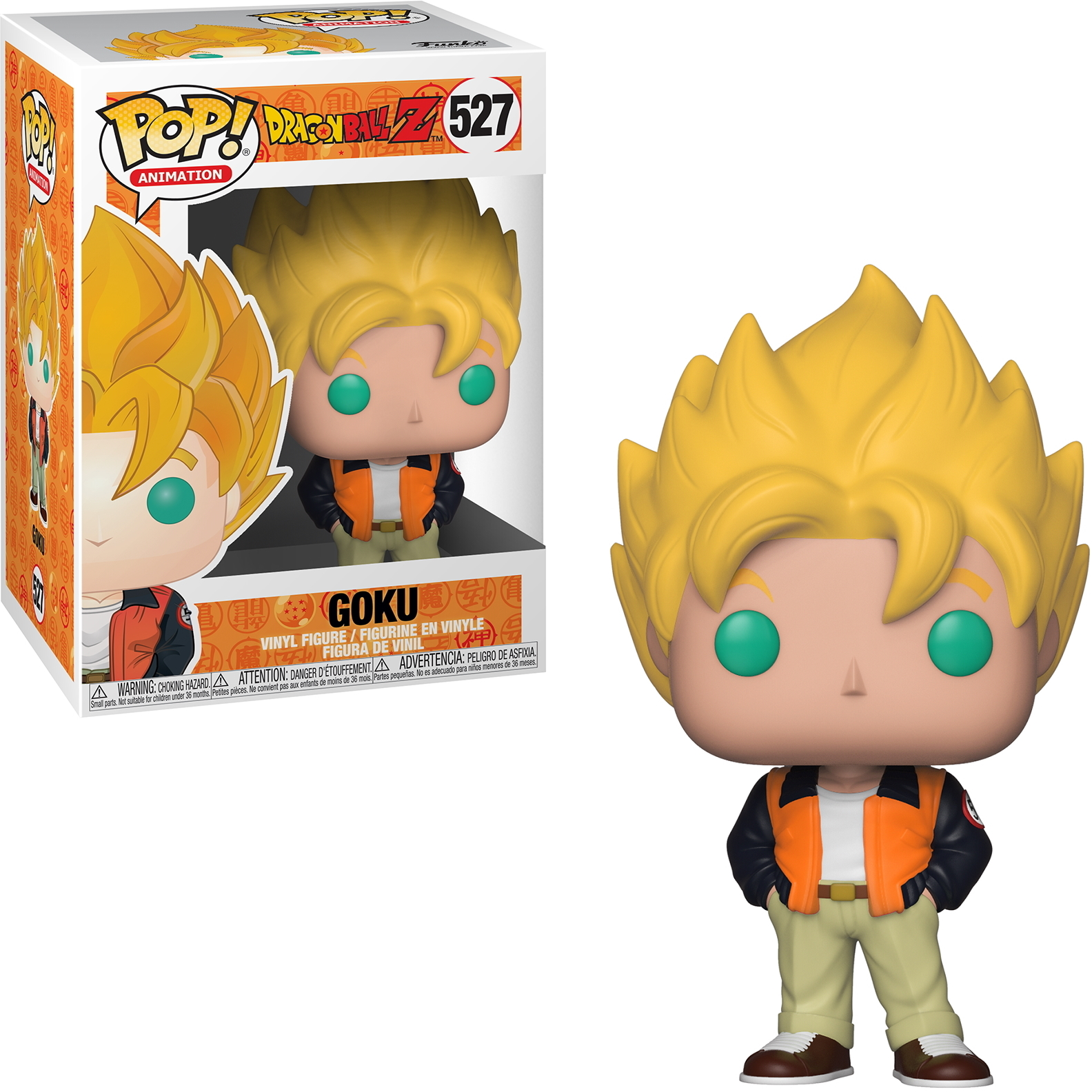 Goku Dragon Ball Z Funko Pop Figur, blonde Haare, orange Jacke, grüne Augen.