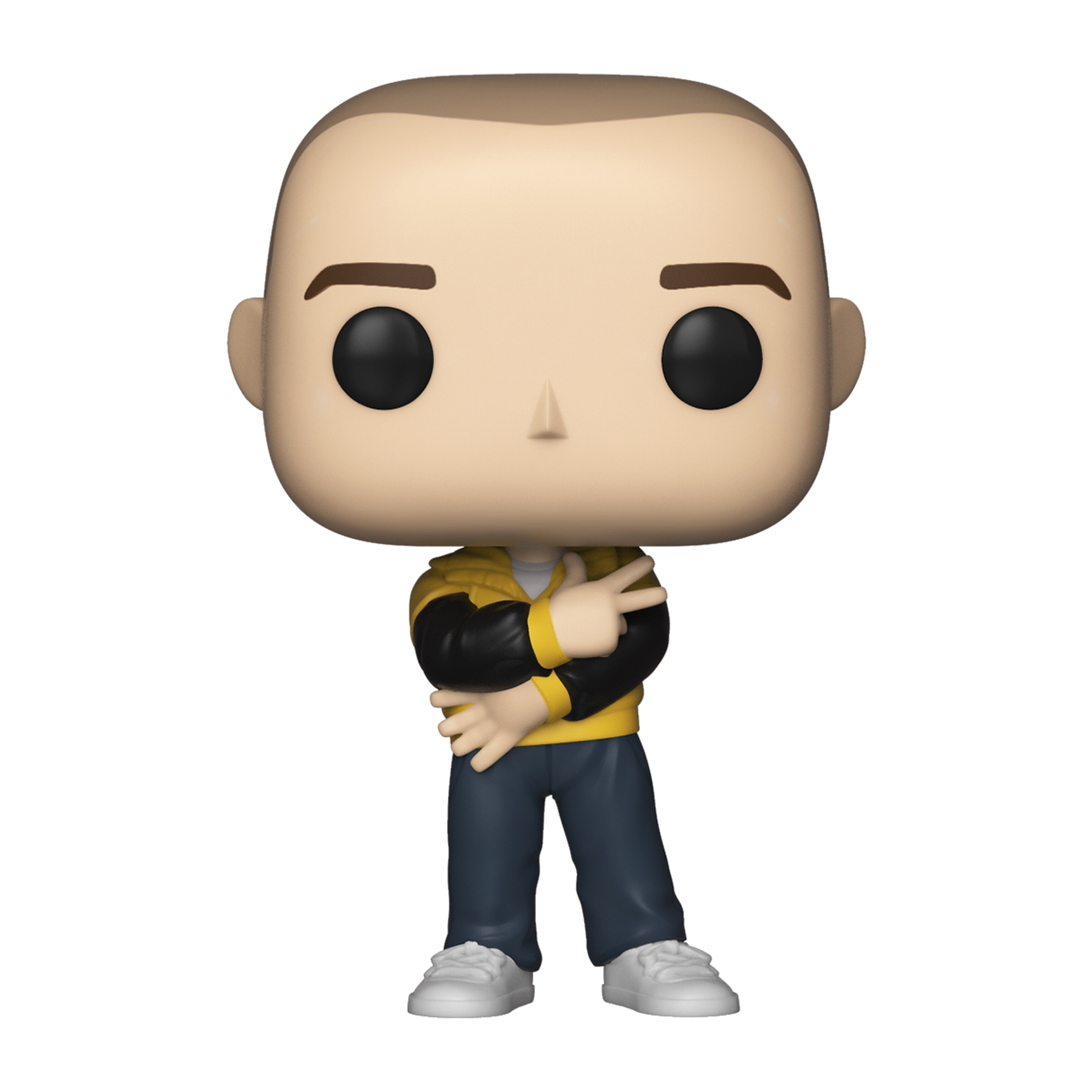 Funko Pop Figur. Glatzköpfiger Mann in gelber Jacke, schwarzen Ärmeln und blauer Hose, Arme verschränkt. Weißer Hintergrund.