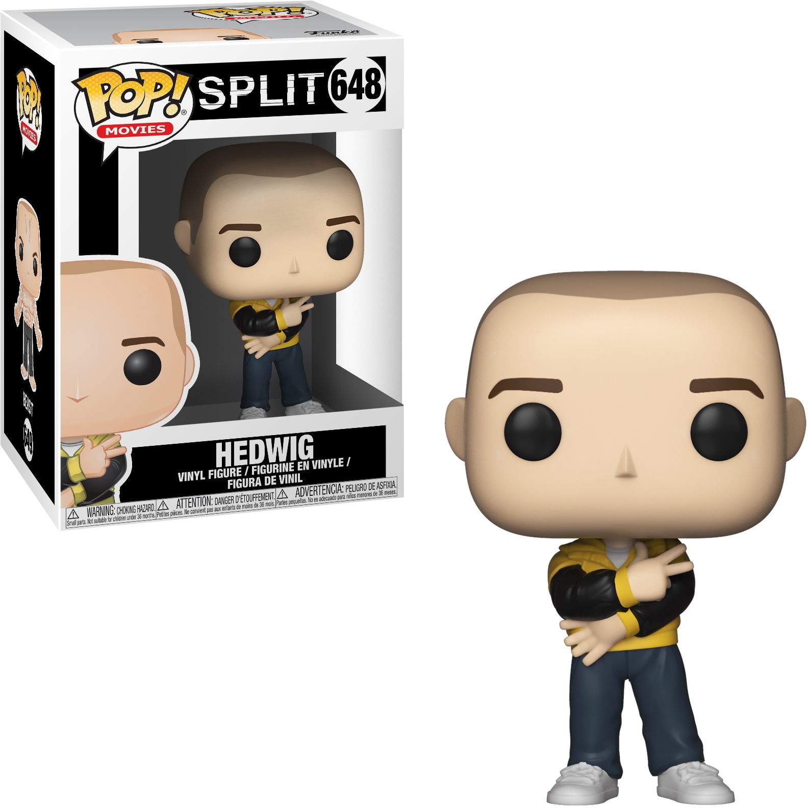 Hedwig Split Vinyl-Figur in einer Box. Die Figur verschränkt die Arme. Die Box zeigt die Figur.