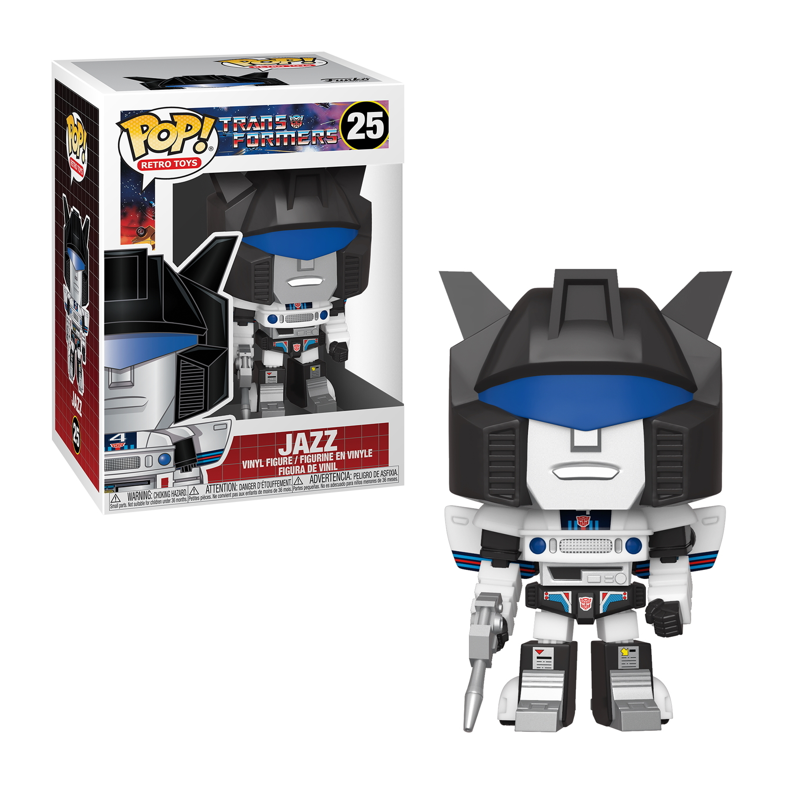 Jazz Transformers Funko Pop Figur in Box. Weißer Roboter mit schwarzen Akzenten.
