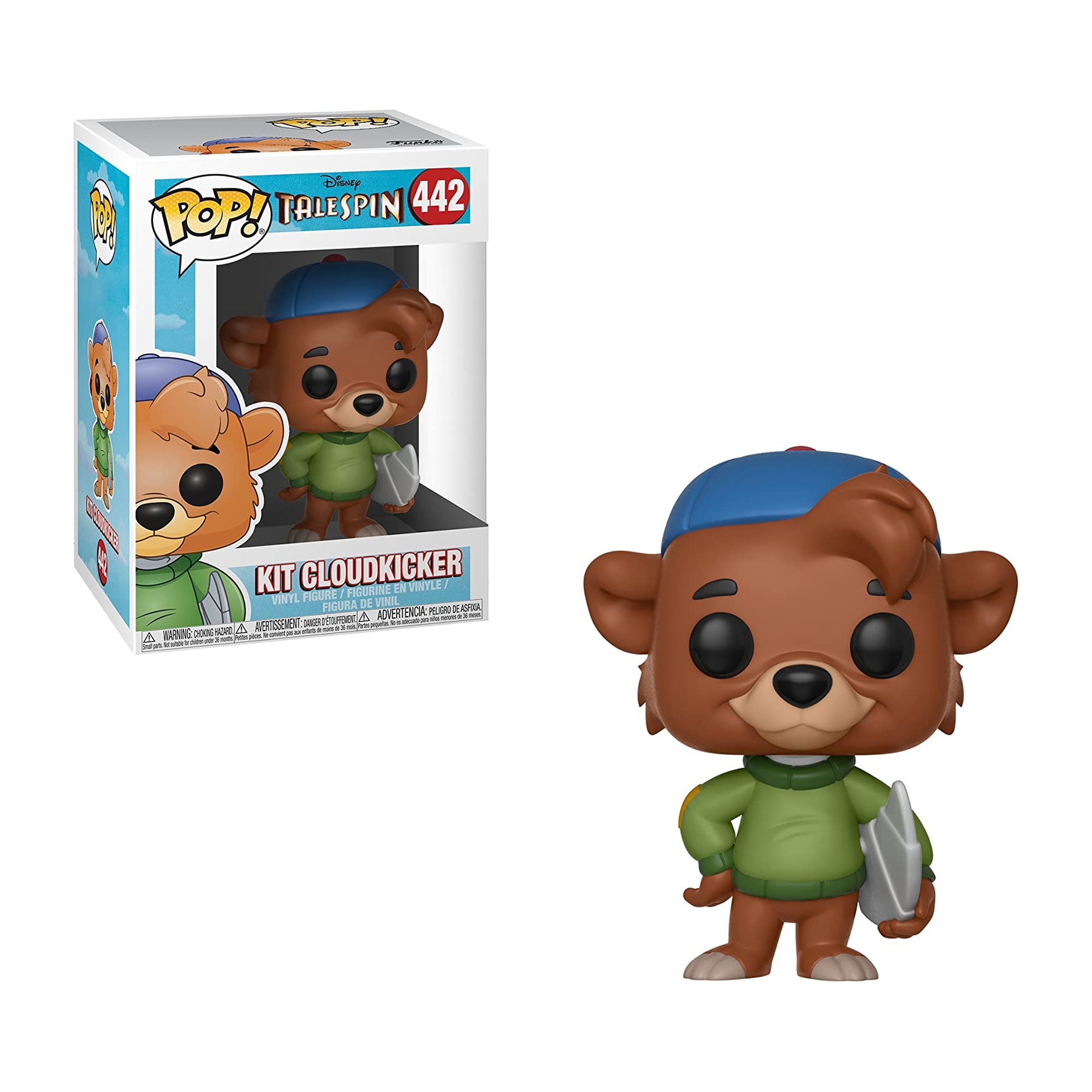 La statuetta di Kit Cloudkicker Funko Pop!, un cucciolo d'orso con un berretto blu e un maglione verde, è in piedi accanto alla scatola.