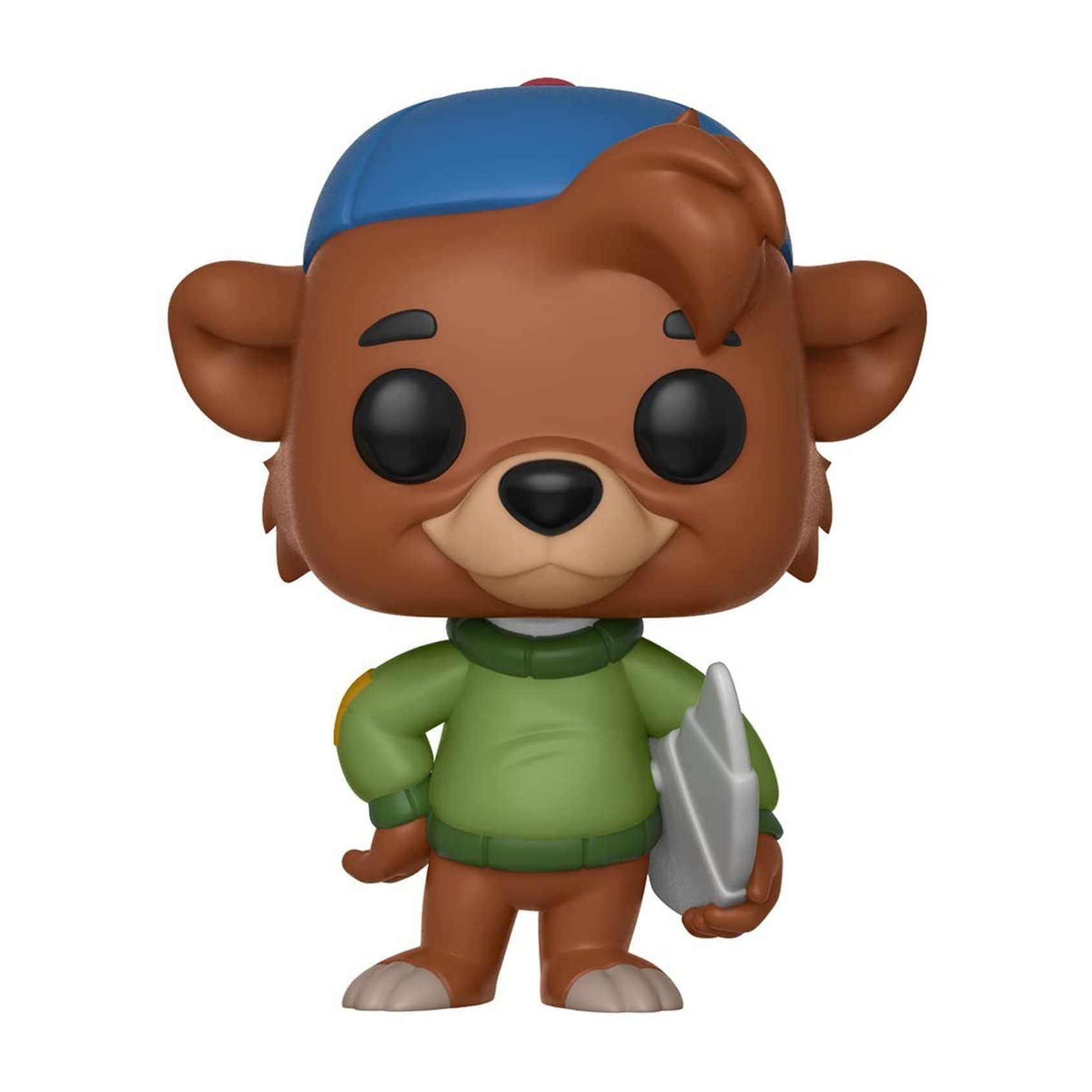 Un orso con una giacca verde e un cappello blu tiene in mano un pezzo di carta.